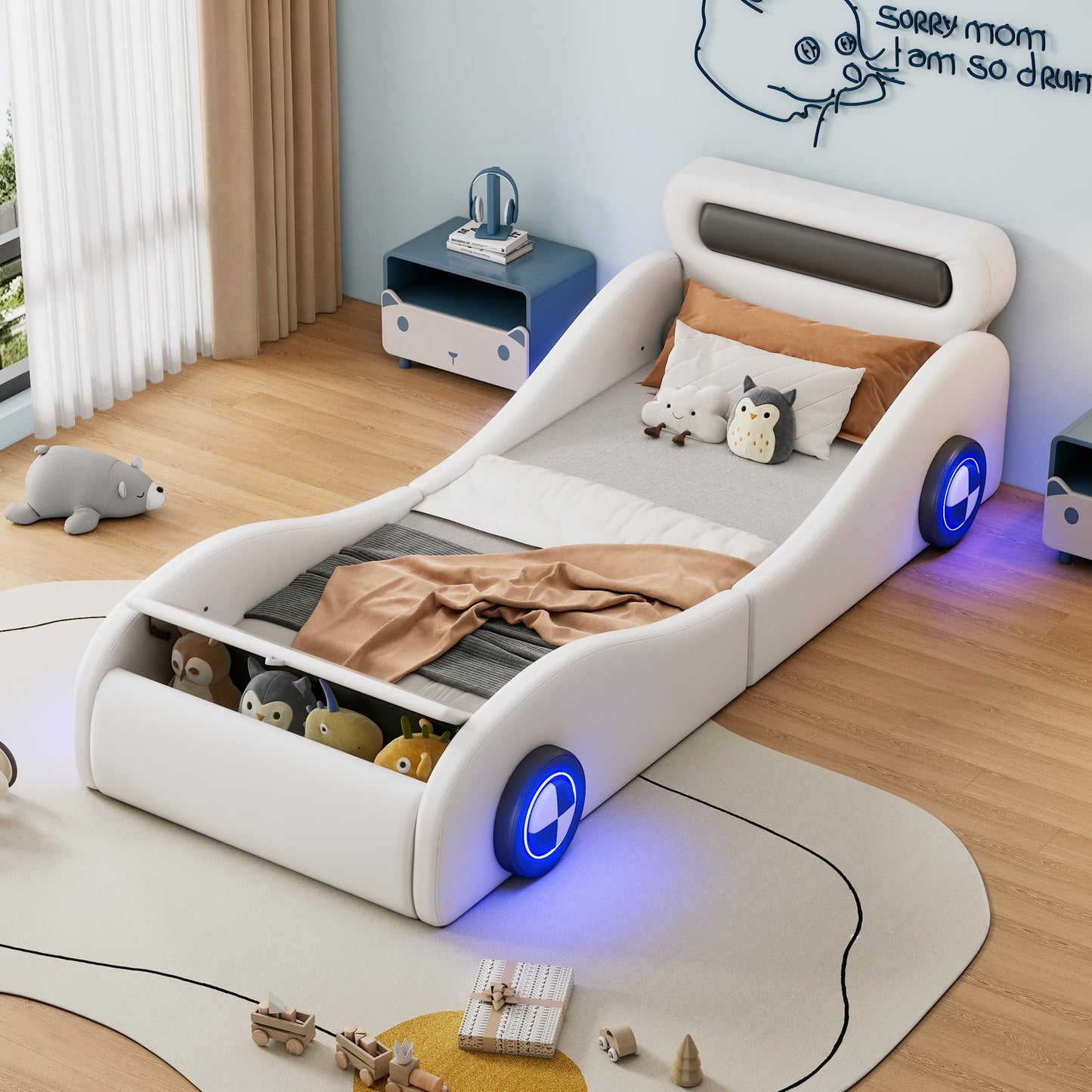 Autobett Kinderbett Jugendbett 90x200, Polsterbett Einzelbett mit leuchtenden Rädern&Stauraum, Aufregendes Auto Kinderbett für kleine Rennfahrer, Kinder Spielbett mit Lattenrost, PU,Ohne Matratze,Weiß