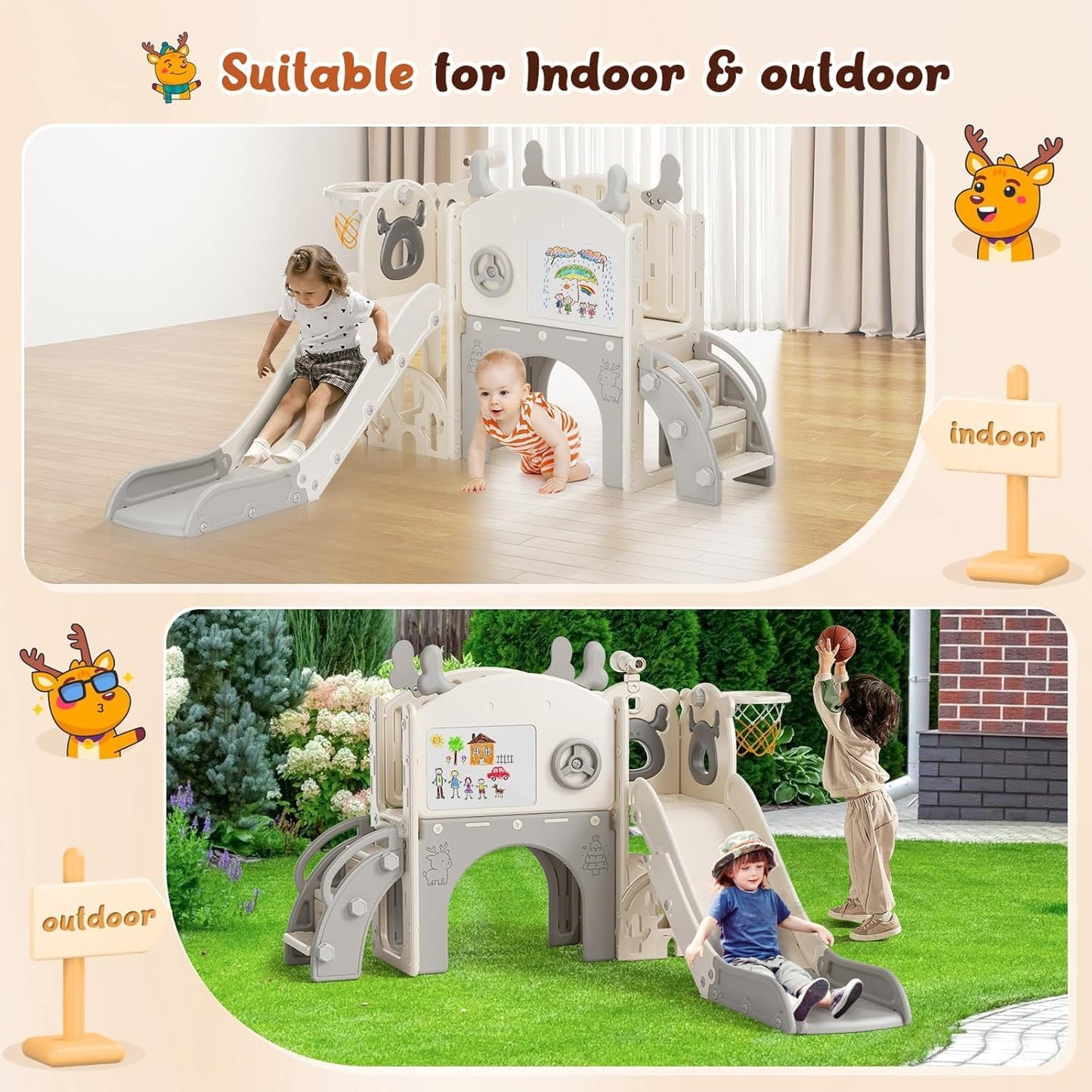 Children's Slide, Large Toddler Slide with Basketball Hoop, Climbing Frame for the Garden, Telescope, Storage Space, for 1-3 Years, Extra Long 1700 mm (7-in-1 Elk Slide Active Model (Khaki)))
