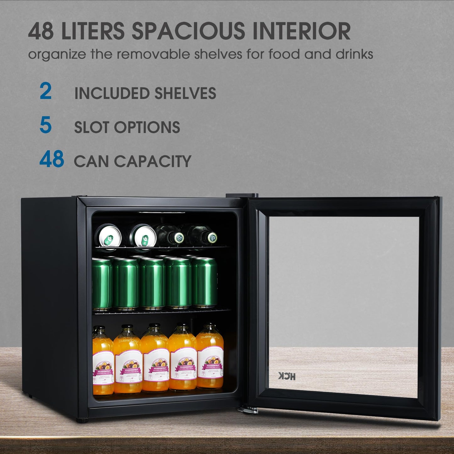 HCK 98L Getränkekühlschrank mit Cyberpunk RGB Beleuchtung, Minibar kleine Kühlschrank mit Glastür, lautlos 39dB, 0-15°C, Bierkühlschrank für Spielzimmer, Küche, Schwarz