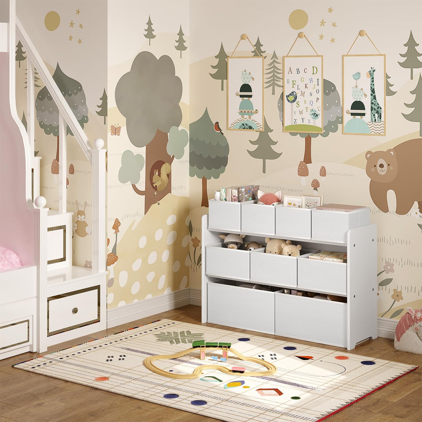 Lestarain Kinderregal mit 9 Aufbewahrungsboxen, Spielzeugregal, Regal Kinderzimmer Spielzimmer, Kinderregal, 63x60x30 cm, Weiß