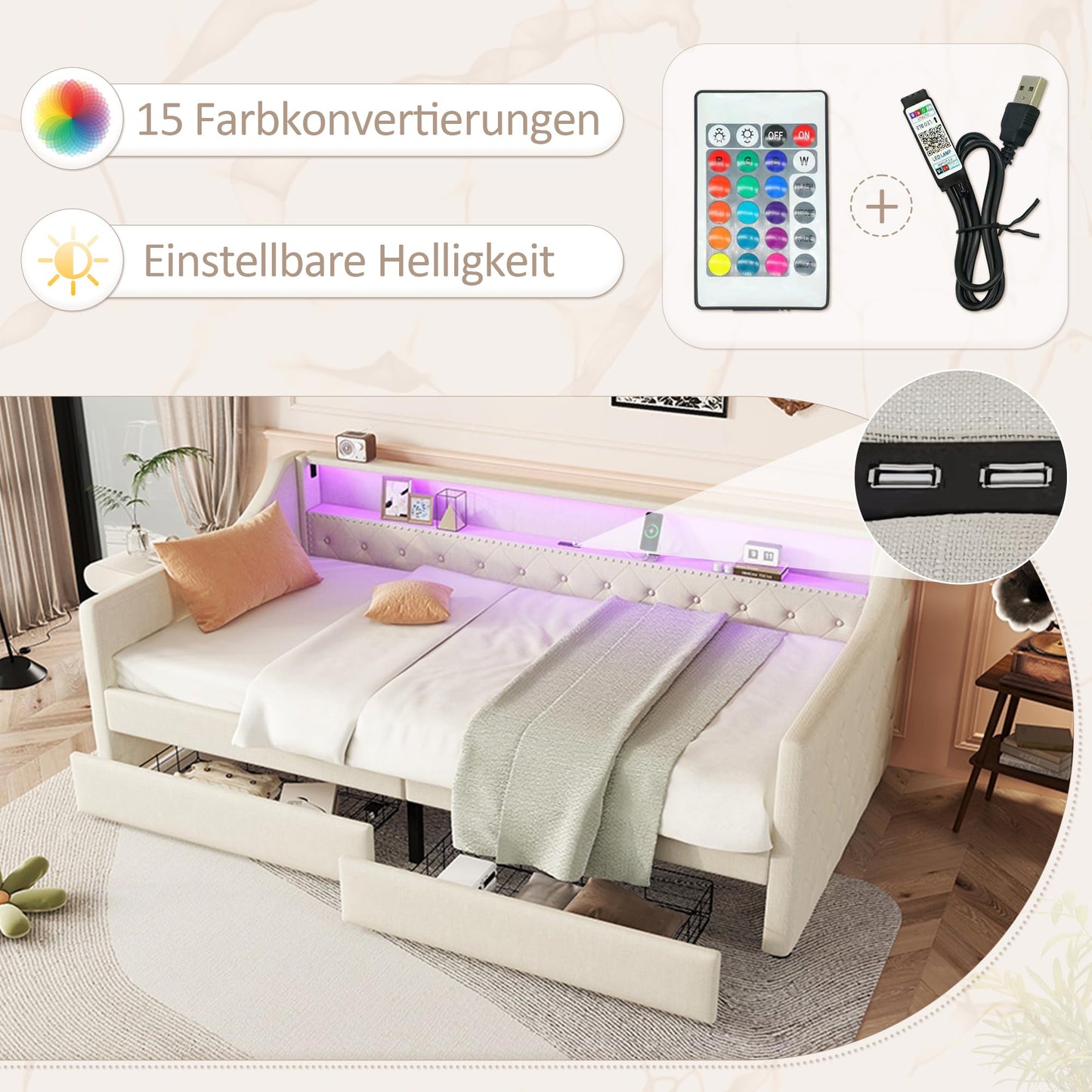 Aoskem Polsterbett Tagesbett Einzelbett 90x200 mit 2 Stauraum Schubladen, Kinderbett LED-Sofabett mit USB-Ladebuchse, Bettgestell mit Lattenrost, Jugendbett Schlafsofa, Ohne Matratze, Leinen (Grau)