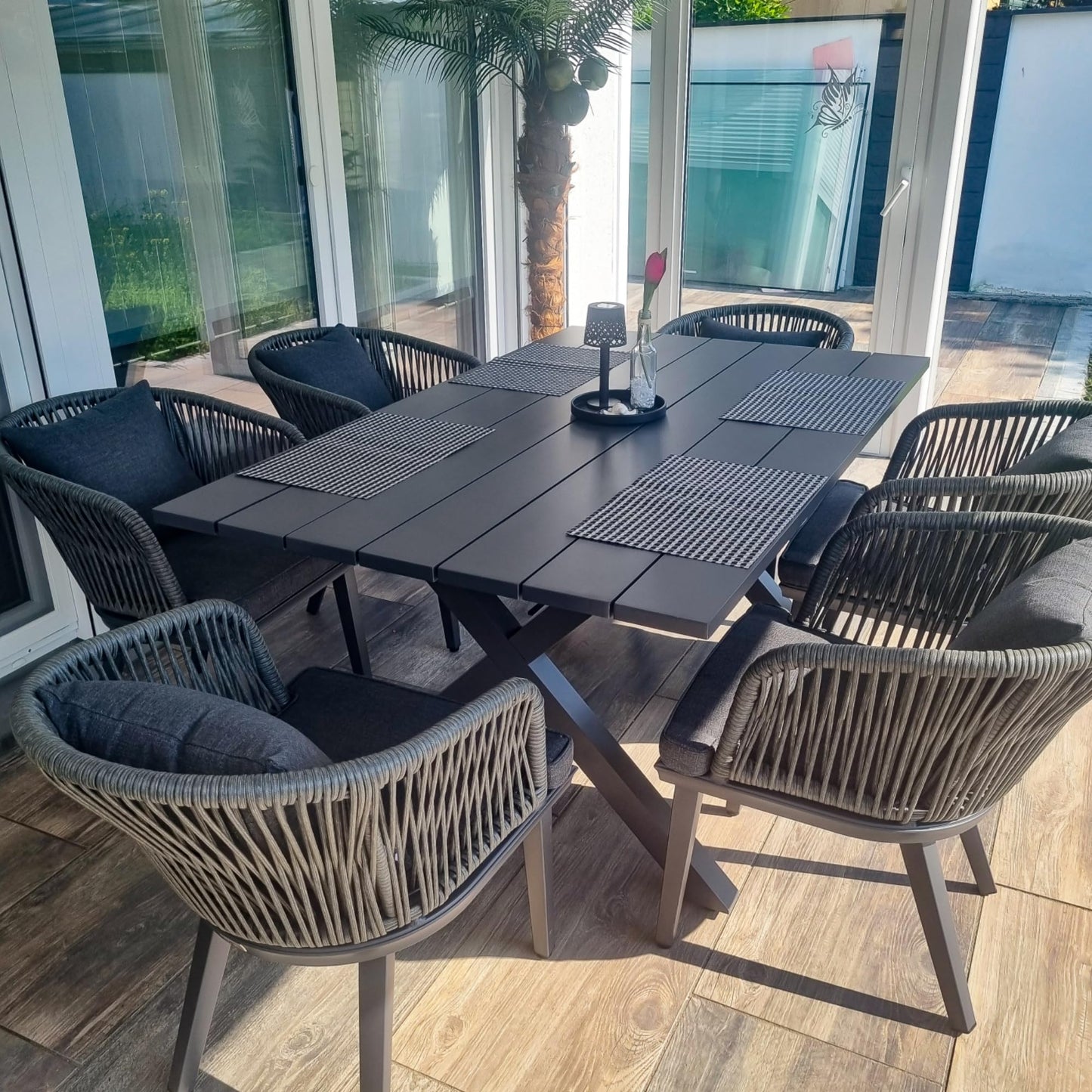 PURPLE LEAF 9-TLG Gartenmöbel Set,Aluminium Terrassenmöbel 8 Gartenstühle mit Tisch Balkonmöbel Essgruppe Gartengarnitur, Grau