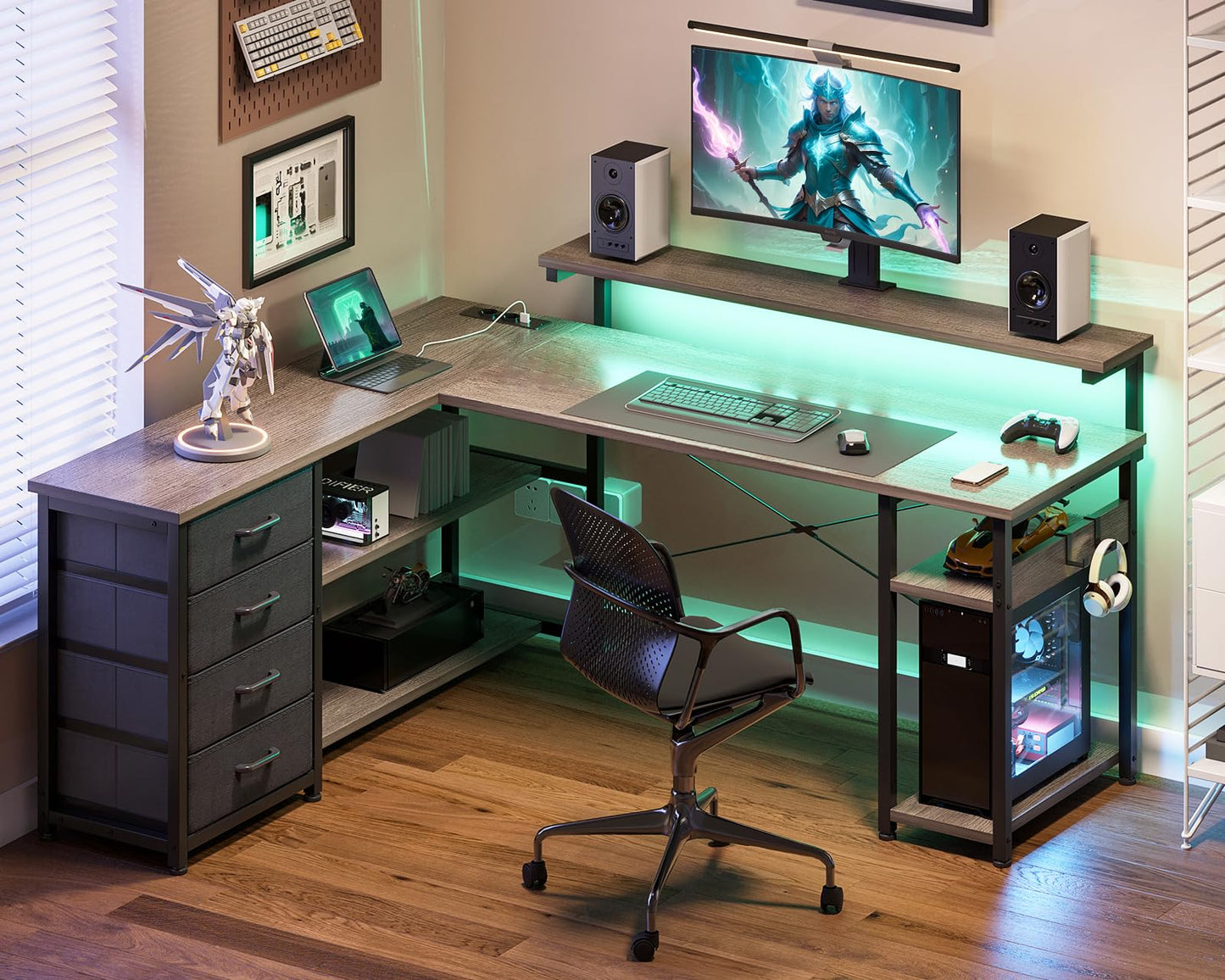 ODK Schreibtisch mit Schubladen, Reversible Eckschreibtisch mit 2 Steckdosen und 2 USB Ladeanschluss, Bürotisch L Form mit LED für Home Office 155×110cm (Alles Weiß)