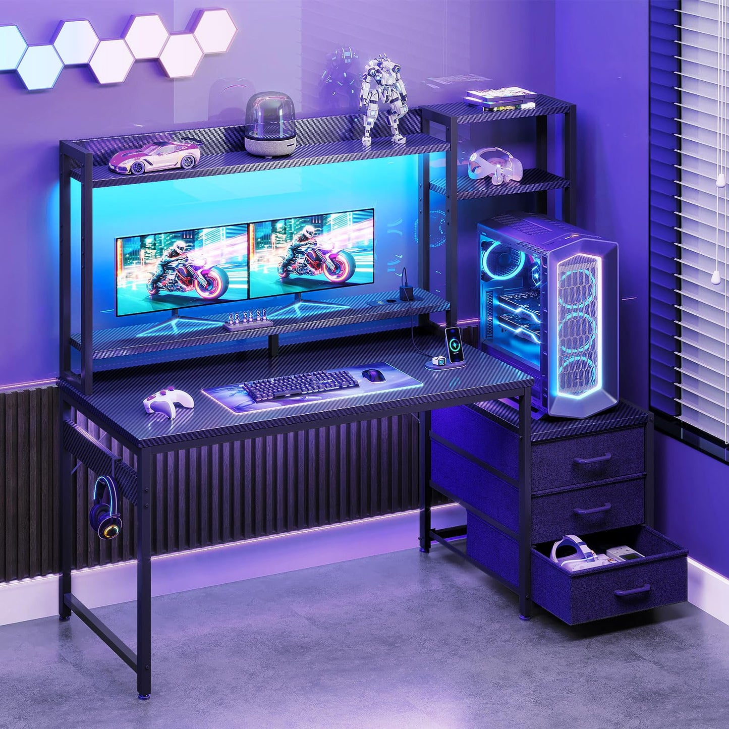 Coleshome Gaming Table with Shelf and Drawers, 137 x 48 cm Gaming Desk with LED Lighting and Socket, Computer Desk with Shelves and Monitor Stand, Carbon Fibre Black