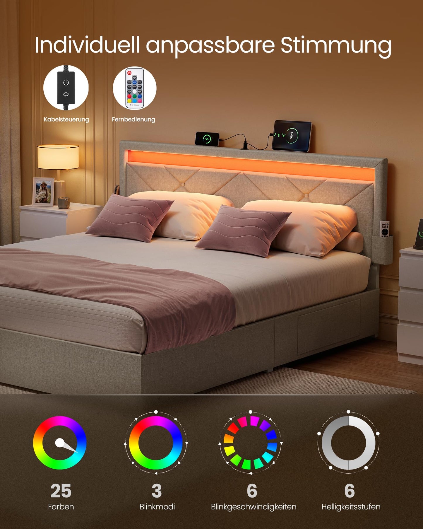 VASAGLE Double Bed Frame - Fits 140 x 200 cm Mattress - LED Metal Bed - 4 Drawers - Charging Station - Adjustable Padded Headboard - Slate Grey RMB827G02