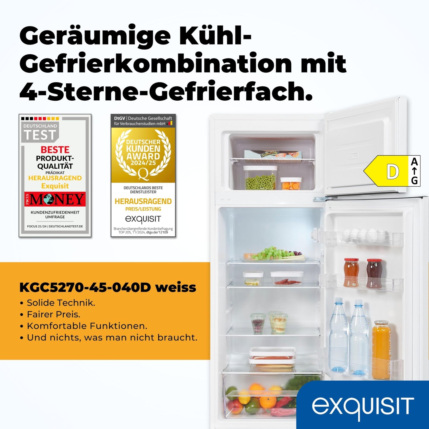 Exquisit KGC5270-45-040E Fridge-Freezer, 143 cm Height, Fridge Freezer, 4-Star Freezer, 206 Litres, Inoxlook