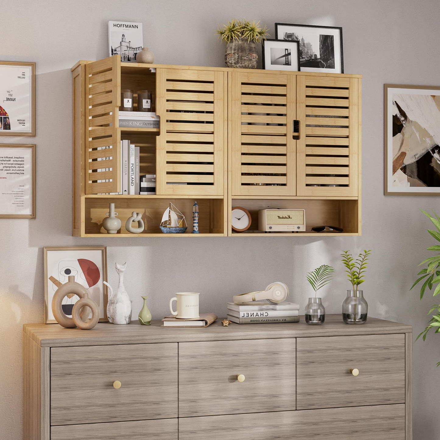 SMIBUY Bathroom Cabinet, Wall Mounted, Bamboo Over the Toilet Storage Organiser, Space Saving Medicine Cabinet with 2 Doors and Adjustable Shelves (Black)