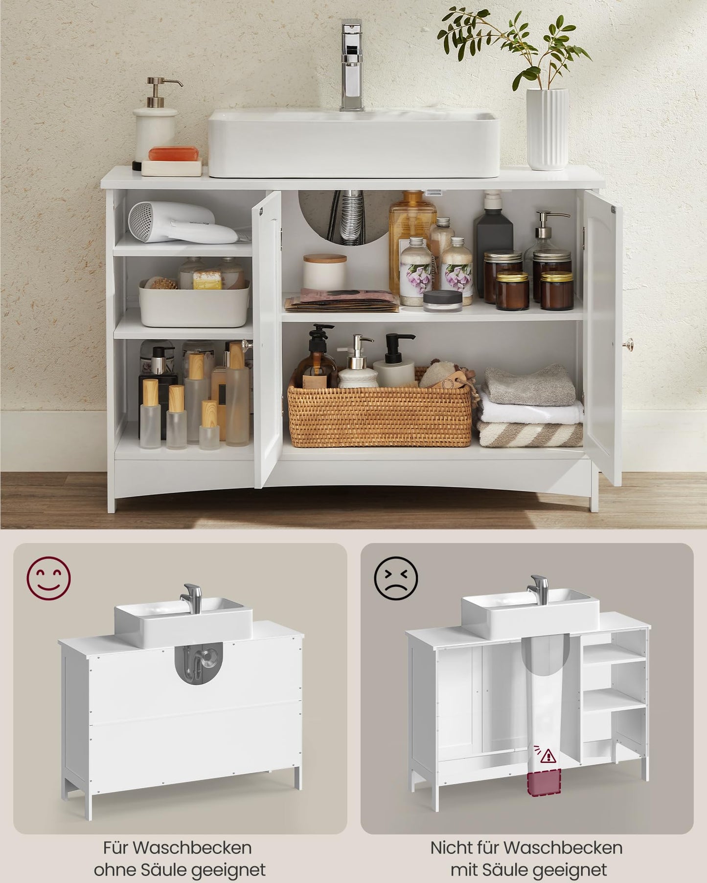 VASAGLE BBC410P31 Vanity Unit Extra Long 30 x 90 x 60 cm 2 Doors Bathroom Cabinet Open Compartments Height Adjustable Shelves White