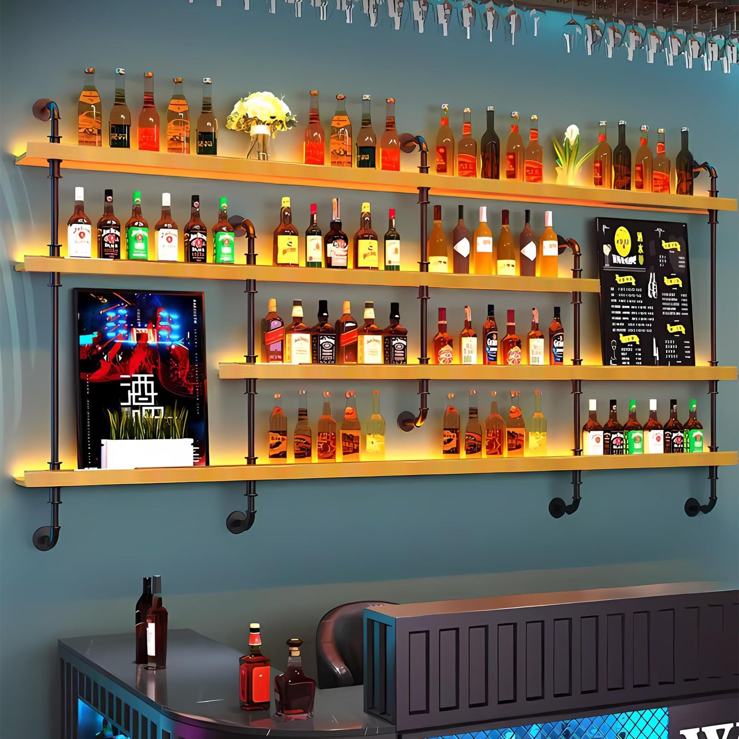 Dawselod Wandweinregal Mit LED-Beleuchtung, 4 Ebenen Massivholz Weinflaschenhalterung, Whiskeyregal mit Geländer, Modernes Weinlager Für Homebar, Küche, Gastronomie (Wood, 150 * 20 * 150cm)
