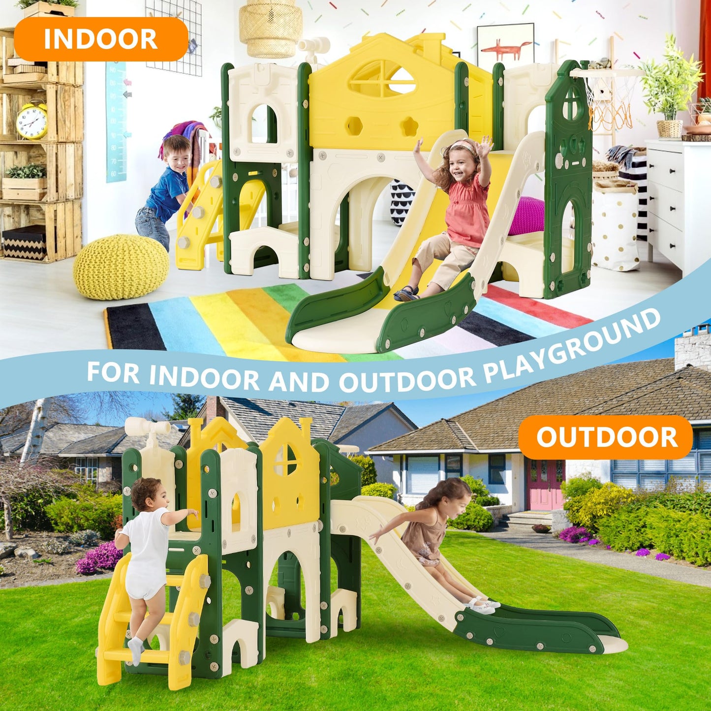 BestAlice 4 in 1 Kinderrutsche Set für Outdoor und Innen, Spielplatz mit Schaukel, Basketballkorb, Kletterleiter, Indoor- und Outdoor-Spielset, 18 Monate + (Blau)