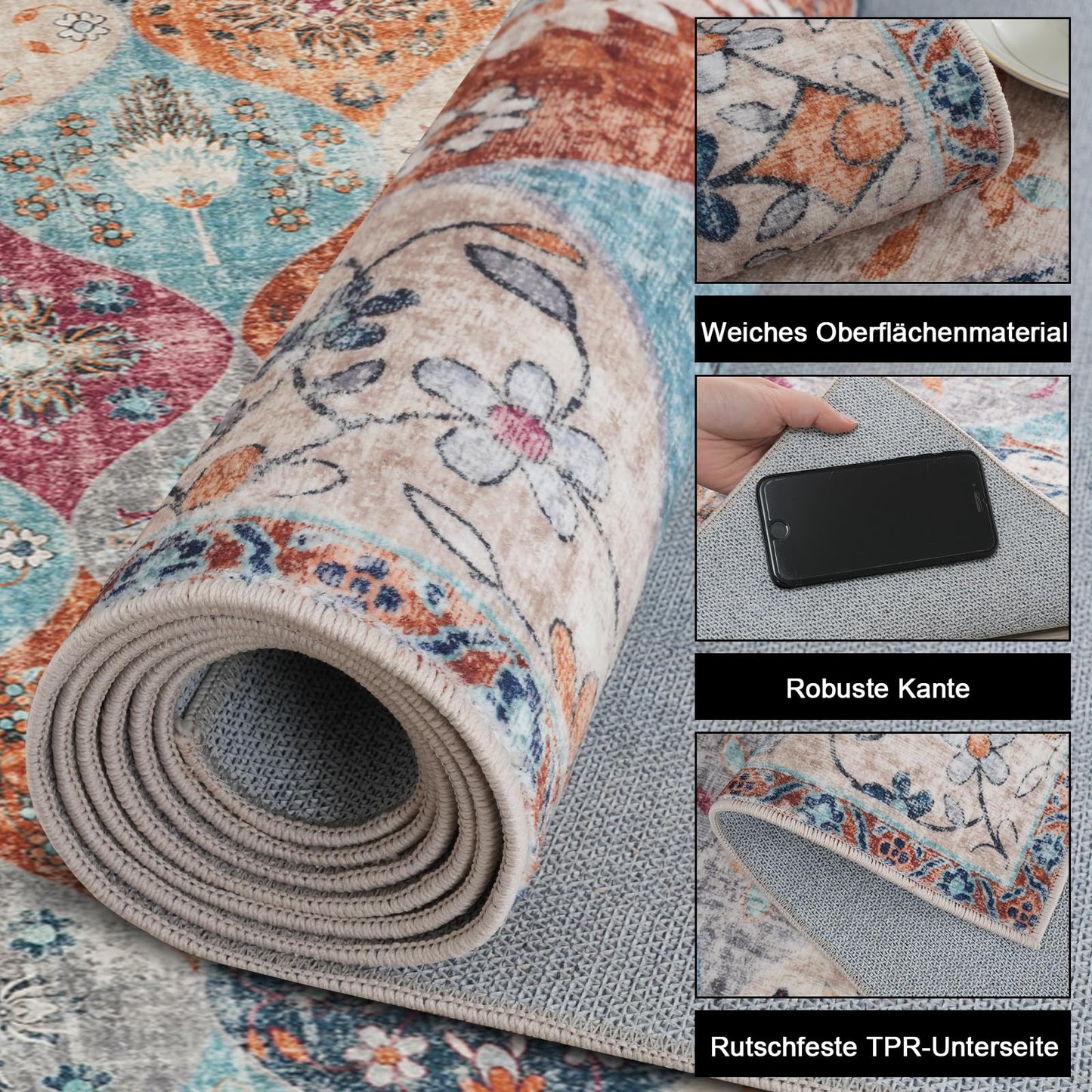Xfrog Blumen Boho Teppich - Rutschfester Waschbarer Ultraweicher Antiker Niedriger Flor Flächenteppich für Wohnzimmer, Schlafzimmer, Kinderzimmer - 80 x 150 cm