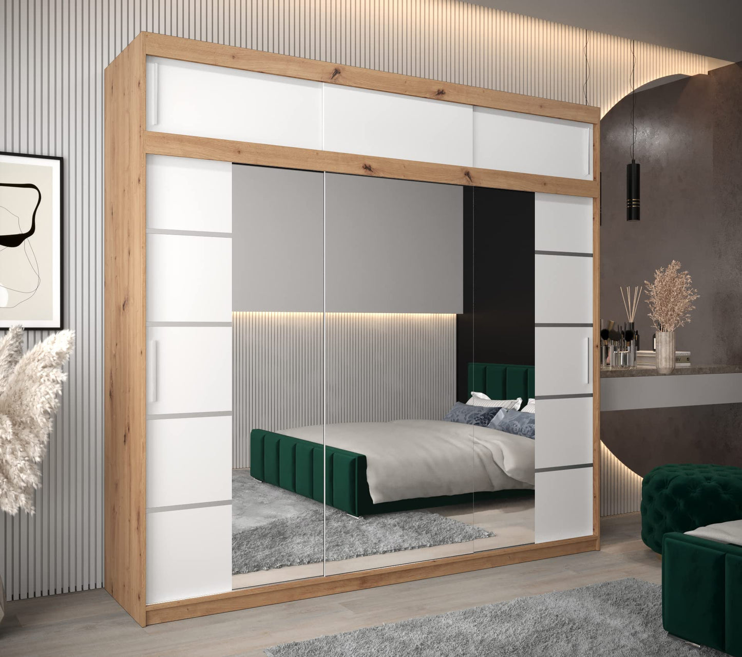 MEBLE KRYSPOL Verona 4 250 Bedroom Wardrobe Sliding Doors Cabinet with Mirror Wardrobe with Mirror Sliding Door Wardrobe Sliding Doors - 250 x 240 x 62 cm - Sonoma with Extension