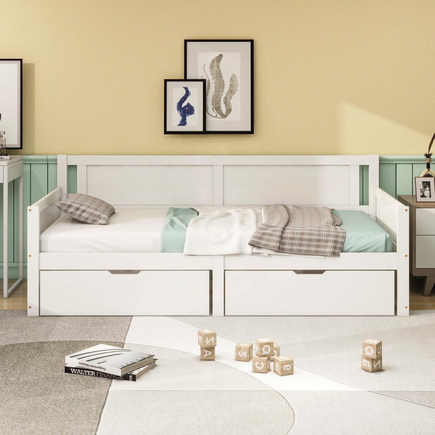 Children's Bed 90 x 200 cm, Wooden Bed with Drawers and Board, Headboard with Bookshelf and Fall Protection, Bed with Slatted Frame and Storage Space, Teenager's Bed, Functional Bed, Wooden Bed Frame,