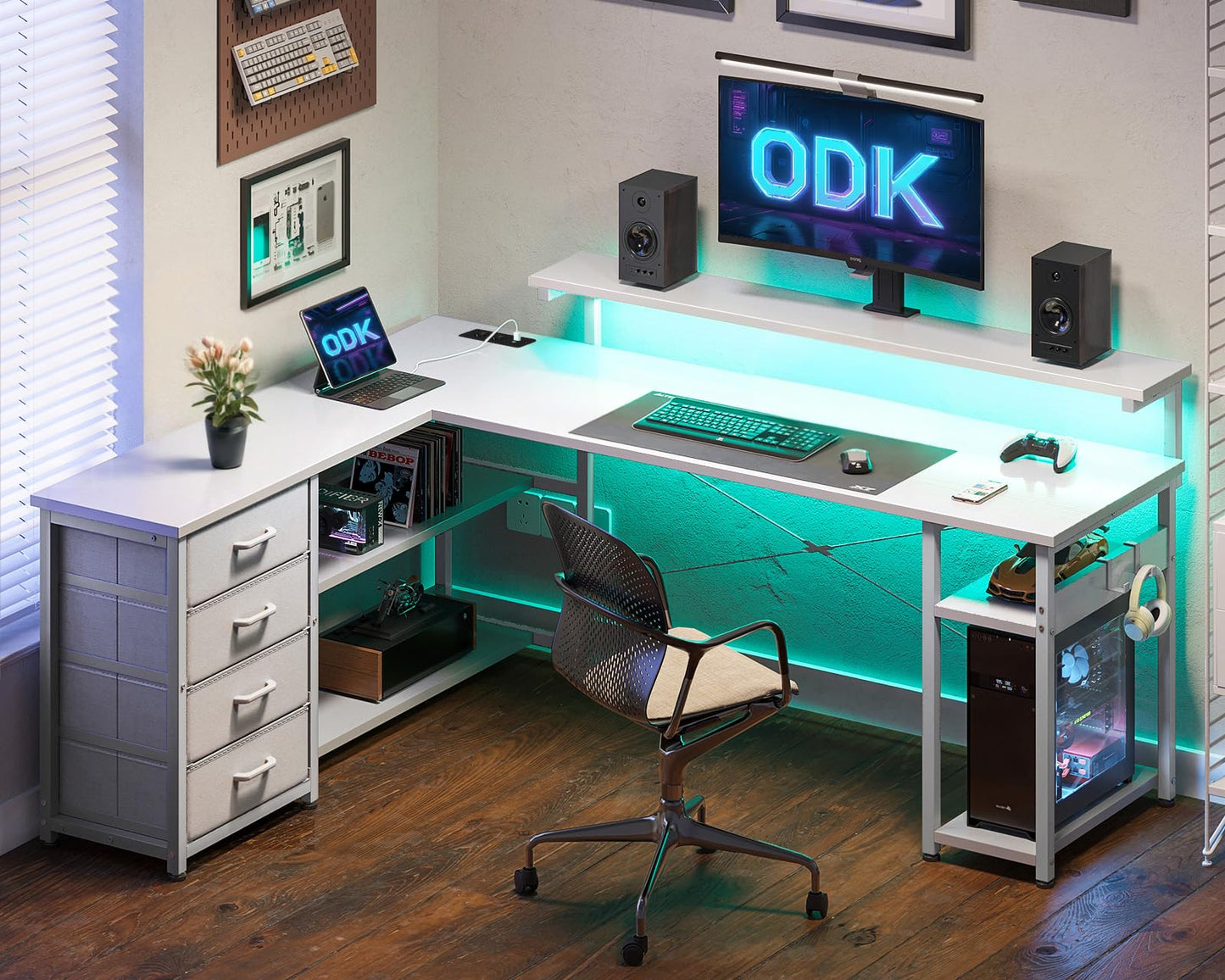 ODK Schreibtisch mit Schubladen, Reversible Eckschreibtisch mit 2 Steckdosen und 2 USB Ladeanschluss, Bürotisch L Form mit LED für Home Office 155×110cm (Alles Weiß)
