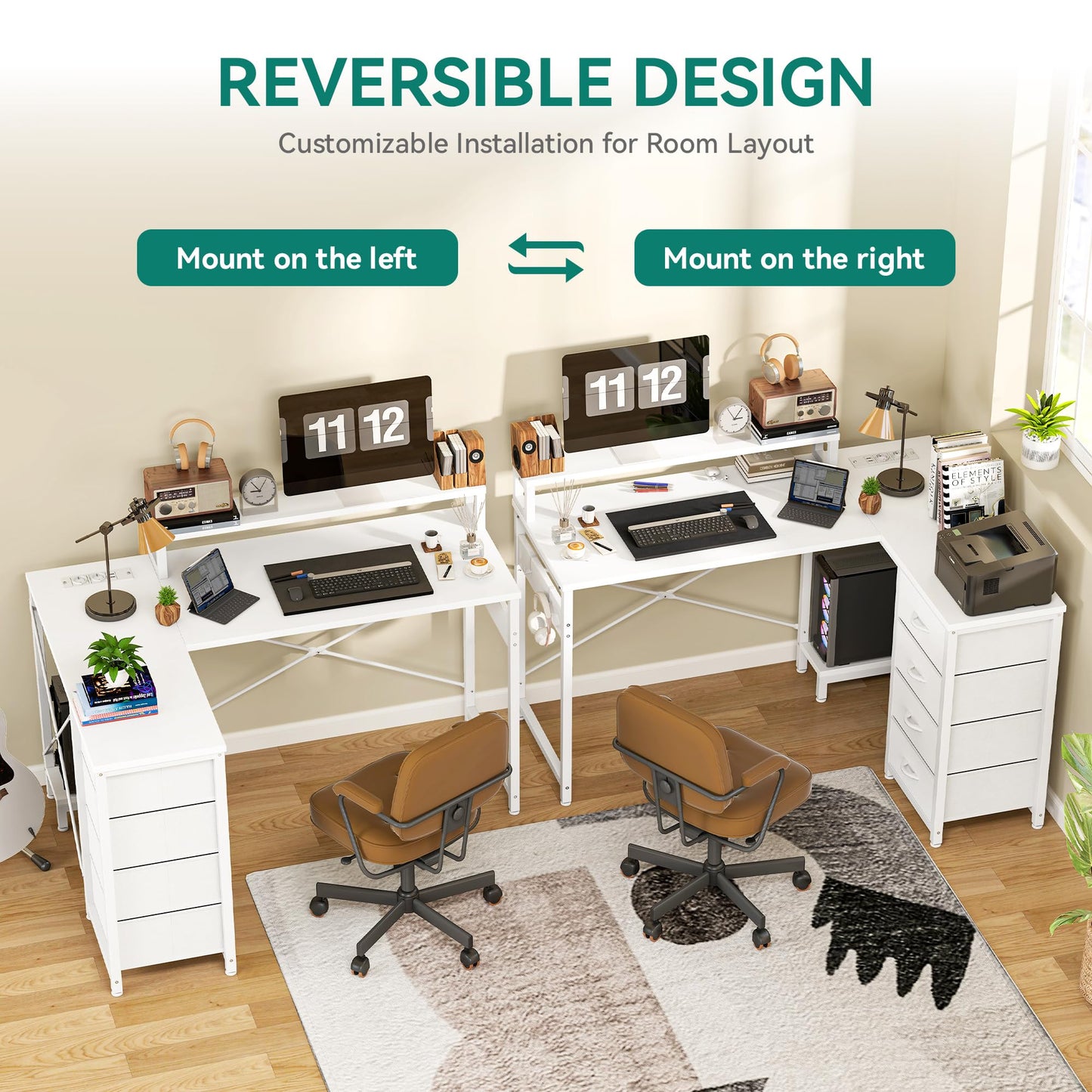 YITAHOME Desk, Reversible Corner Desk with 4 Drawers, L Shape Desk with 2 Sockets and 2 USB Charging Ports, Office Table L Shape with LED, 130 x 100 cm, Corner Table with Monitor Shelf, White