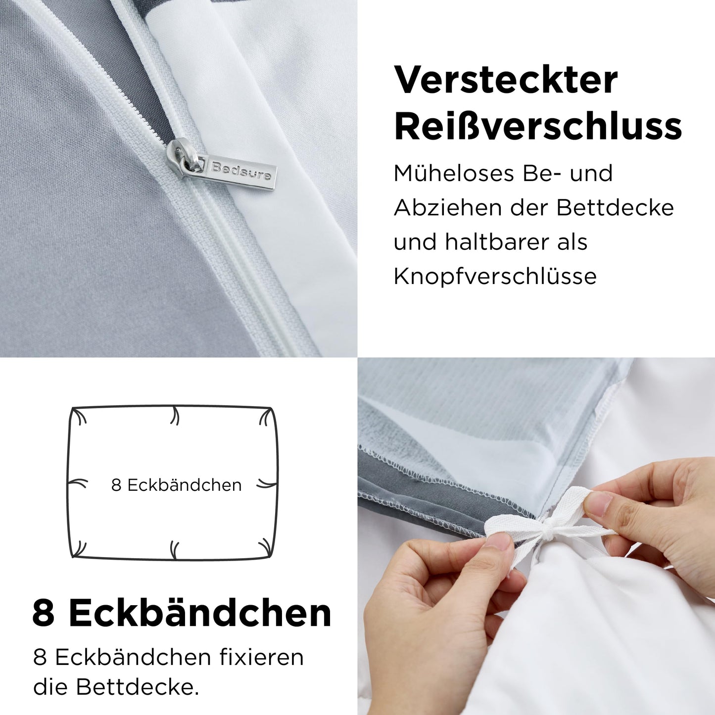 BEDSURE Bettwäsche 135x200 4teilig Bettbezug - Bettwäsche-Sets 135 x 200 cm 2er Set mit 2 Kissenbezüge 80x80cm, ÖKO-TEX Wendebettwäsche Bedding Zweige Grau Muster mit Reißverschluss