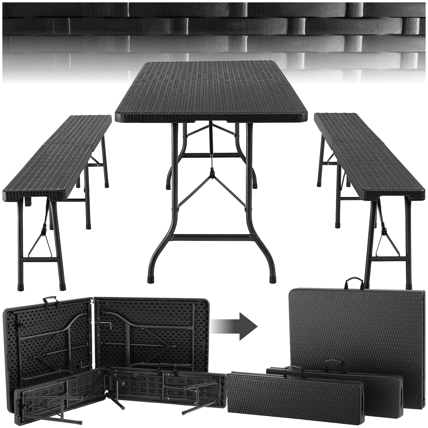 tectake® 3-teiliges Gartenmöbel Set, klappbarer Campingtisch mit 2X Bierbank, Balkonmöbel, Garten oder Terrassentisch Set, Bierzeltgarnitur, mit Tragegriffen, 180cm lang (weiß)