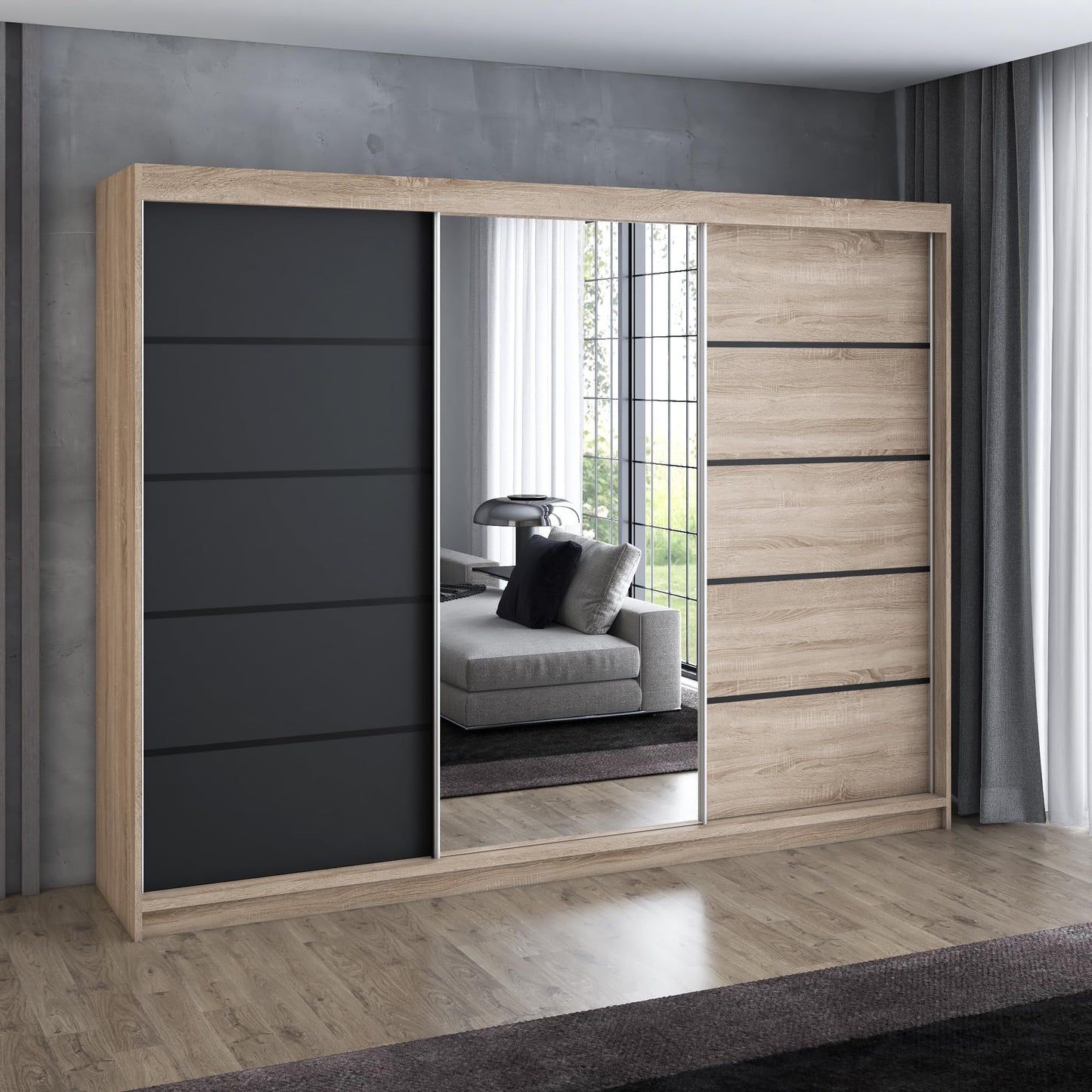 A&J MöbelLand Schwebetürenschrank VILANO 2, 3-türig Schrank 200 cm Kleiderschrank mit 4 Schubladen, und Spiegel (Weiß, Schwarz, Somona) (Schwarz/schwarz/schwarz)
