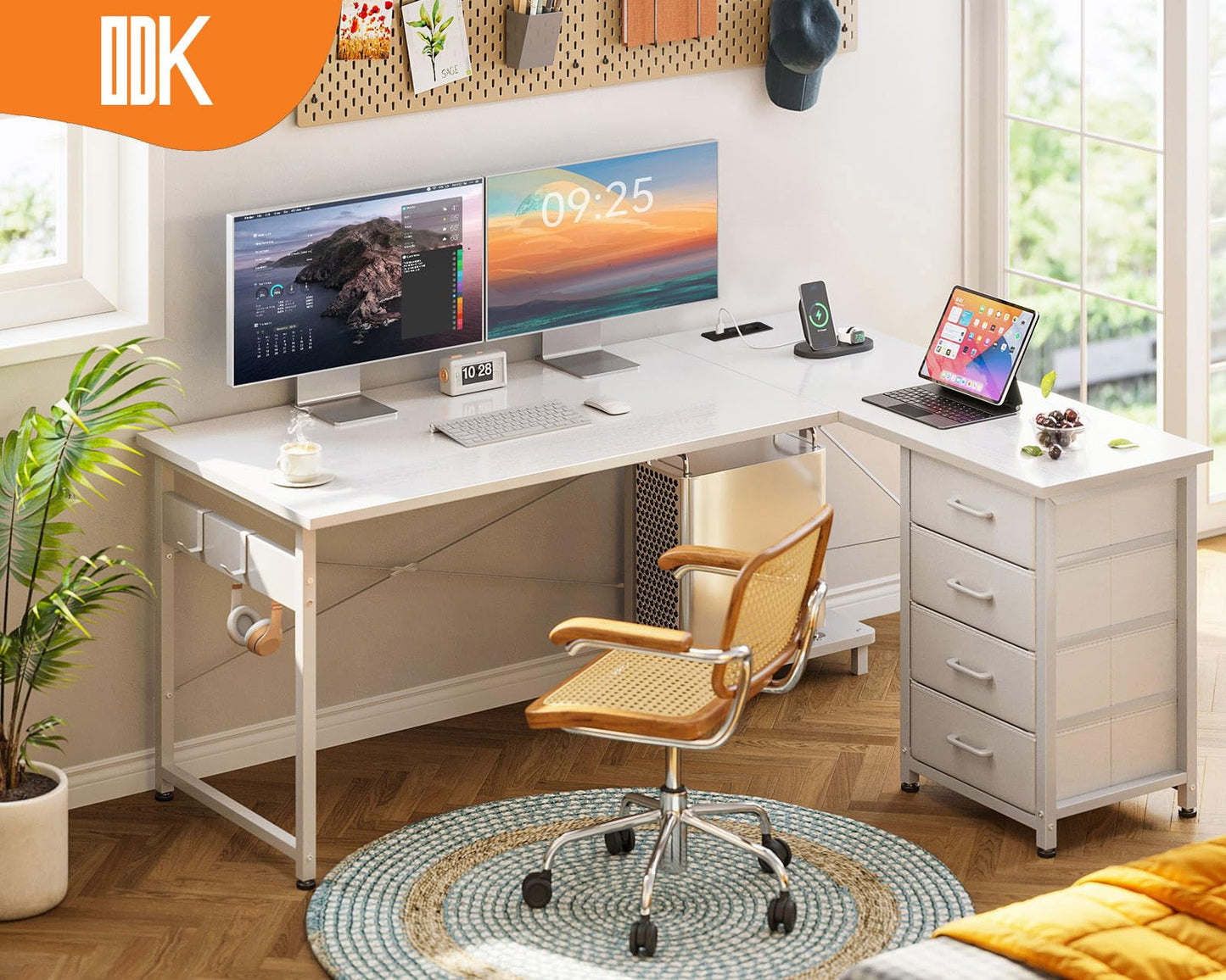 ODK Corner Desk with 4 Drawers, 135 x 100 cm, L Shape Desk with Socket and USB Charging Port, Reversible Desk with Storage Space for Home Office and Gaming, Black