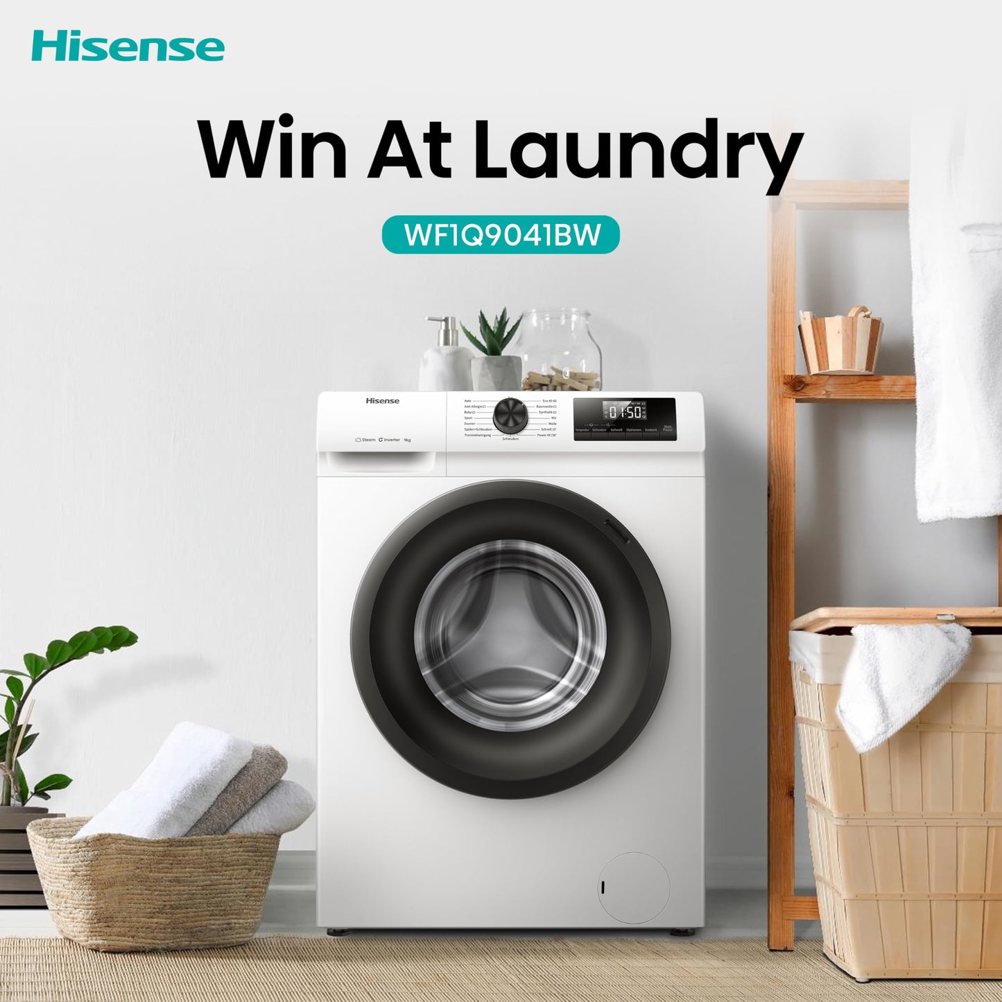 Hisense WF3S8043BB3 Waschmachine mit Dampffunkunktion, 8 kg, 1400 U,min, WIFI, ConnectLife, Power JetWash, Anti-Allergie Programm, Aqua Stop, Auto Wash, Quick Wash, EEK A-30 Prozent