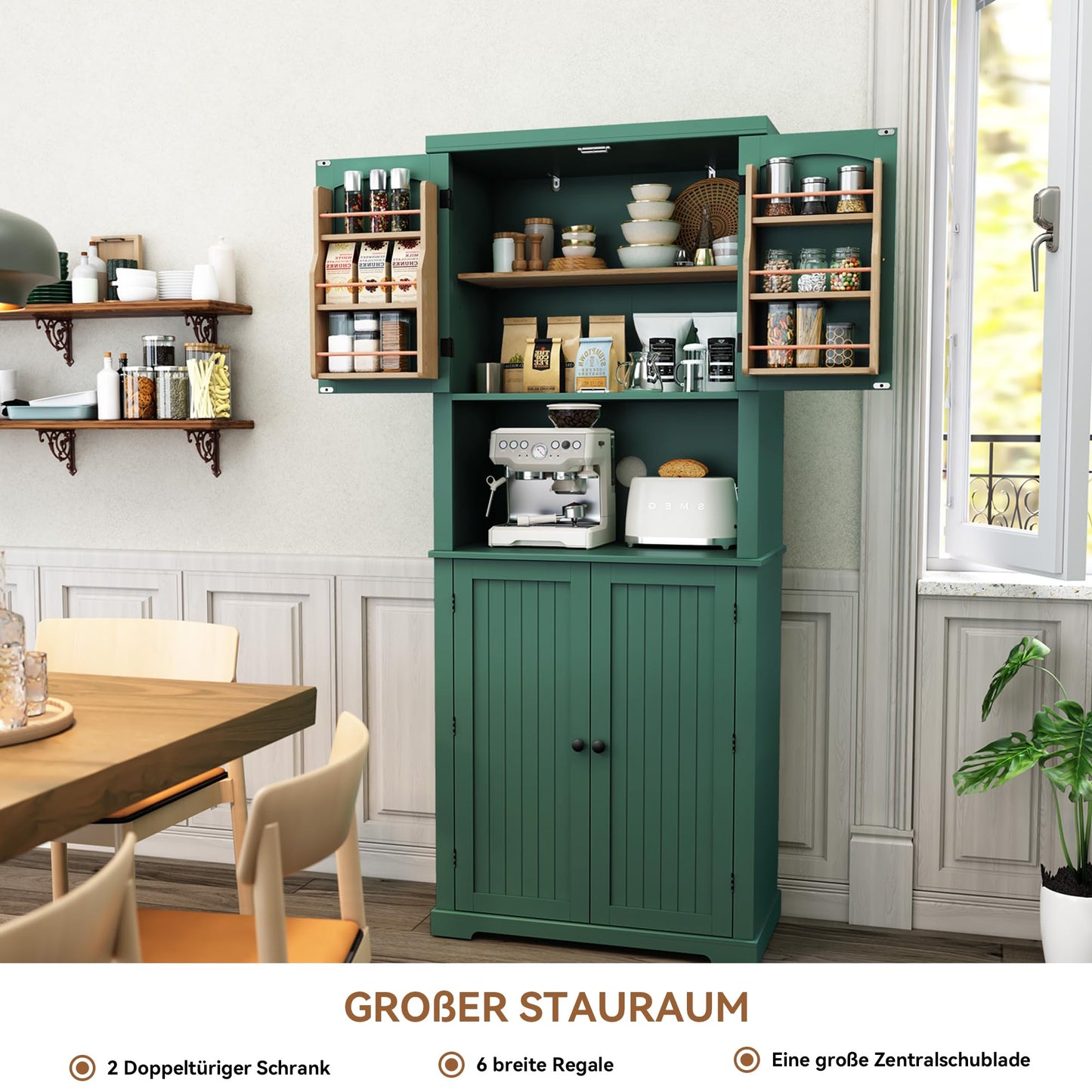HOLTICO Küchenschrank mit Arbeitsplatte, Hochschrank Küchenbuffet Buffetschrank, Esszimmerschrank, Speisekammer mit Türen und Regalen für Esszimmer, Wohnzimmer, Waschküche,Schwarz