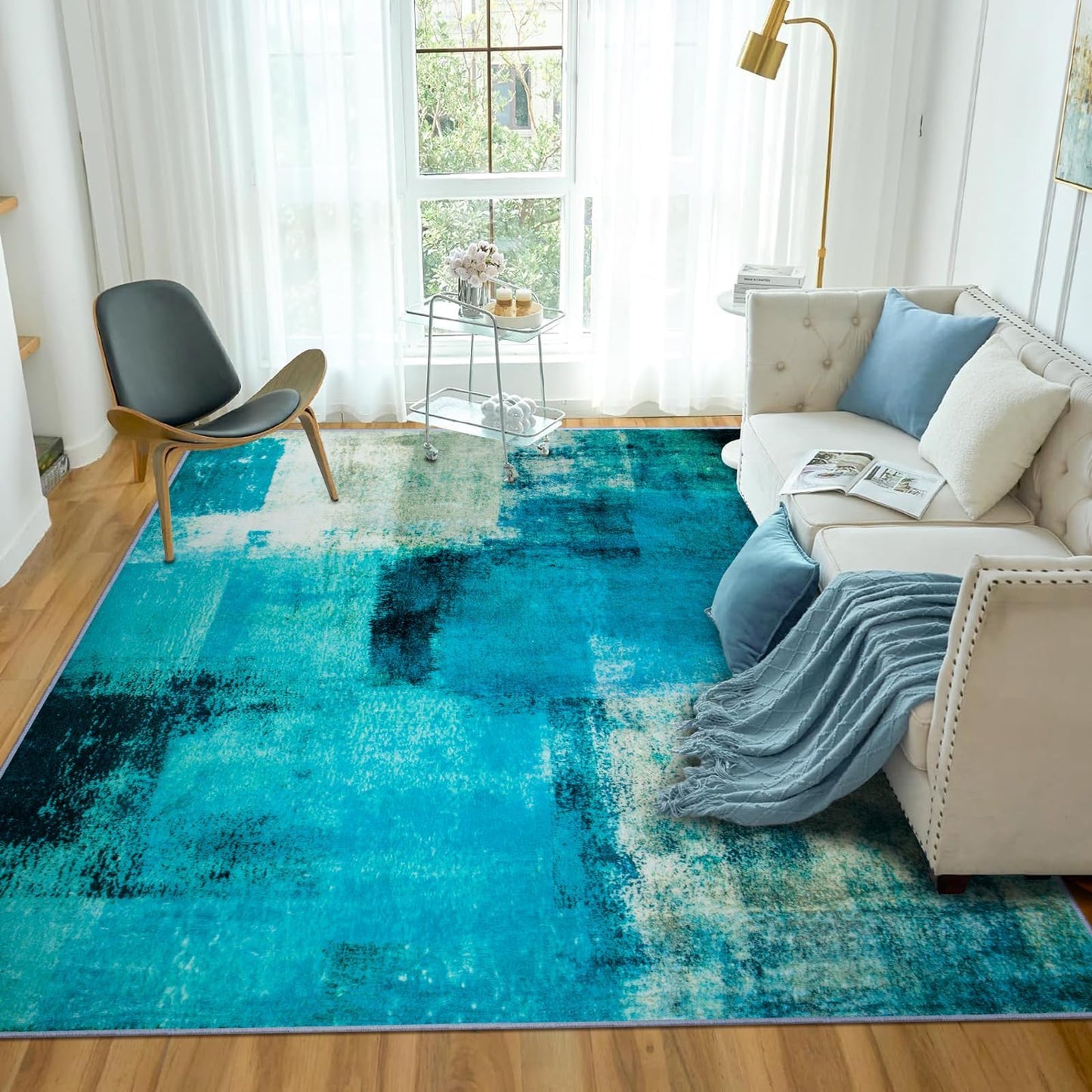 TYJDTYR Wohnzimmer Teppich 140 x 200 cm Modern Abstrakt Grau, Kurzflor, Waschbar für Schlafzimmer Esszimmer Dekorative Blau
