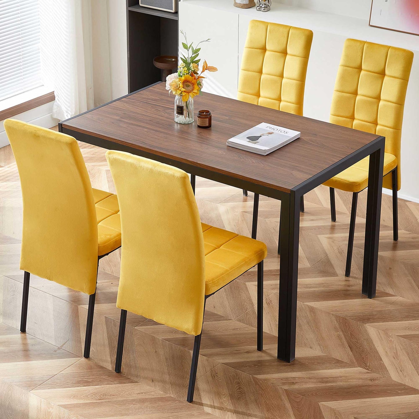 NORDICANA Dining Table with 4 Chairs Set, Dining Room Chairs Set of 4 and Rectangular Dining Table, Velvet Cover, Upholstered Chair, MDF Panels, Wooden Table, Suitable for Kitchen, Office, Balcony