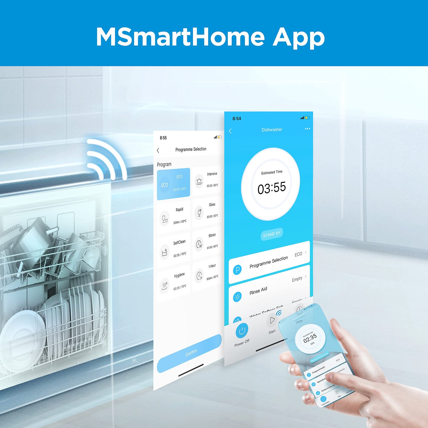 Midea MDWEU1435XSS-W Dishwasher, Integrated, 14 Place Settings, 60 cm, Partially Integrated with WiFi, Extra Drying, 7 Programmes, 47 dB, 0-24 Hours Start Time Delay, Stainless Steel