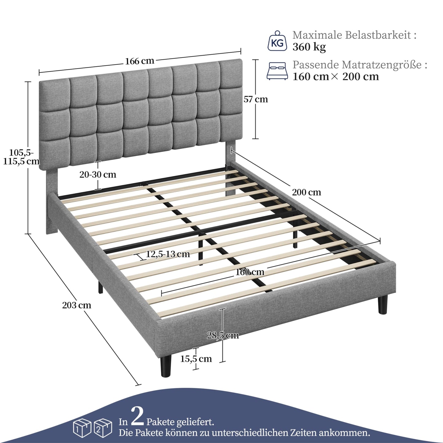 Yaheetech Upholstered Bed 140 x 200 cm Double Bed with Height-Adjustable Headboard, Sturdy Bed Frame, Fabric Bed with Slatted Frame, Padded Bed Frame, Youth Bed, Dark Grey