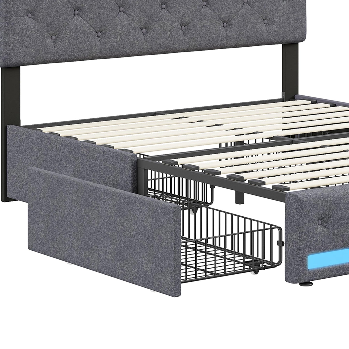 KeepGoon Doppelbett 140 x 200 cm,Polsterbett mit LED-Leuchten, 4 Eisenschubladen und einem USB Ladeanschluss,Stauraumbetten Bettgestell,Leinenstoff (Beige)