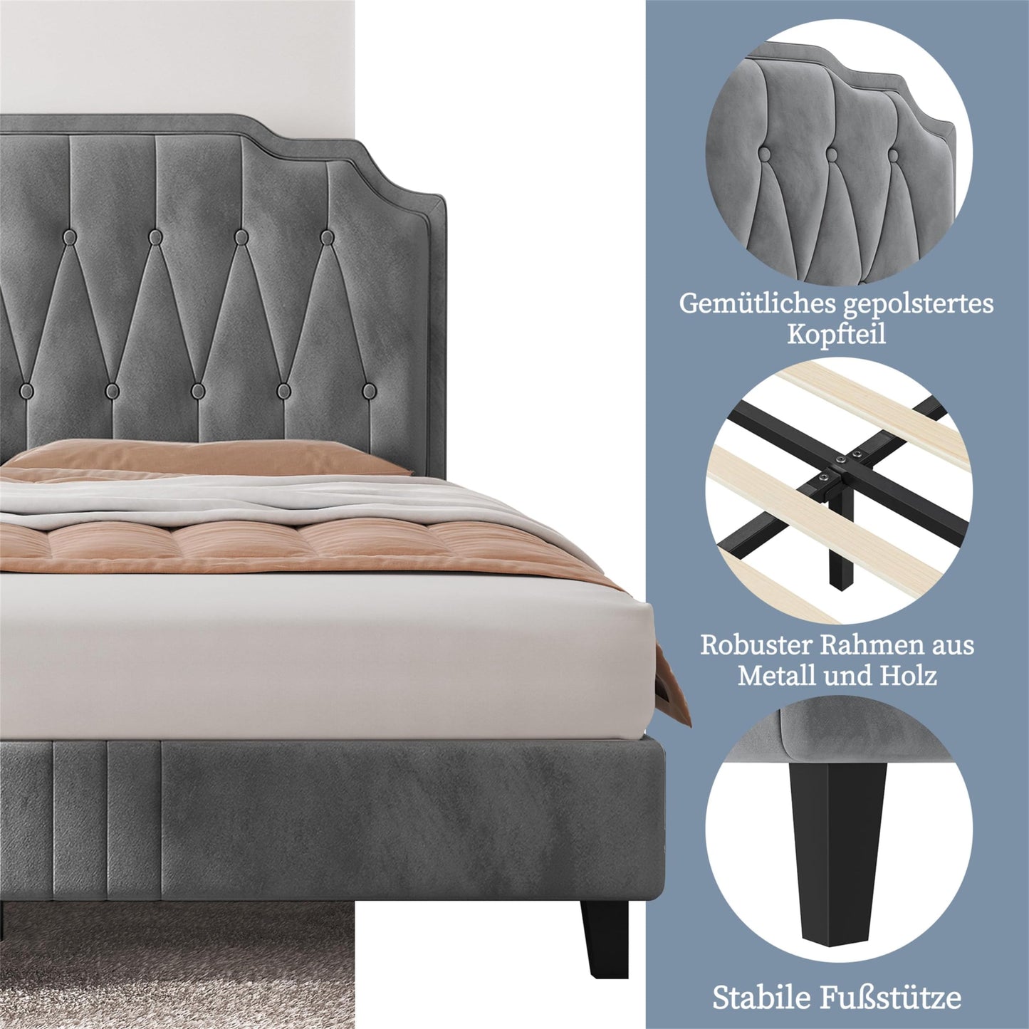 Yaheetech Upholstered Double Bed 140 x 200 cm Fabric Bed Youth Bed Padded Bed with Height-Adjustable Headboard Bed Frame with Slatted Frame, Dark Grey