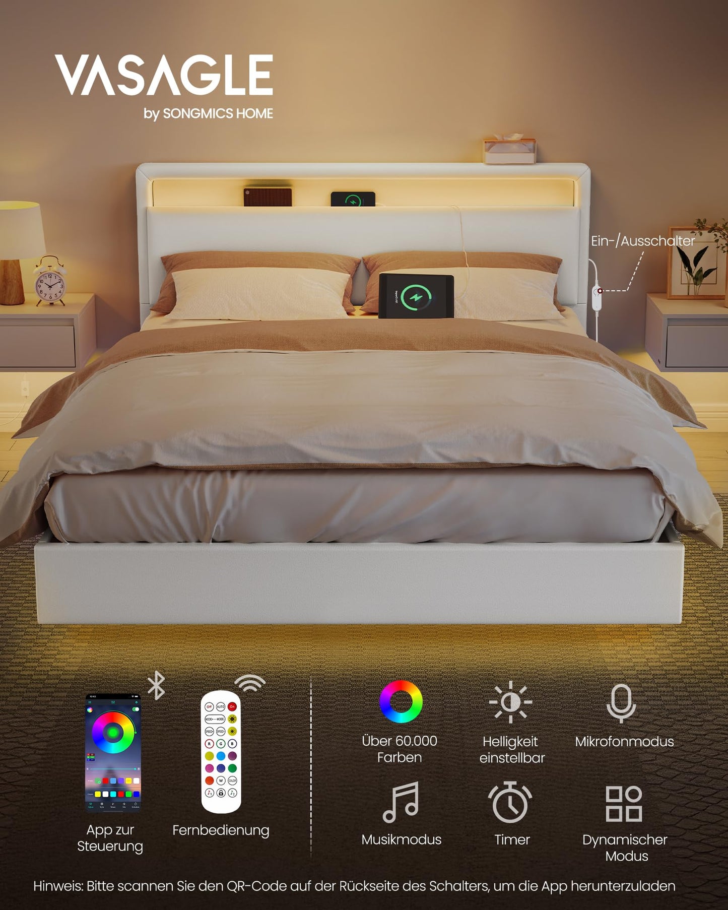 VASAGLE Double Bed Frame 140 x 200 cm Floating Visual Effect Bed with LED Lighting High Headboard Charging Station Modern Cloud White RMB864W01