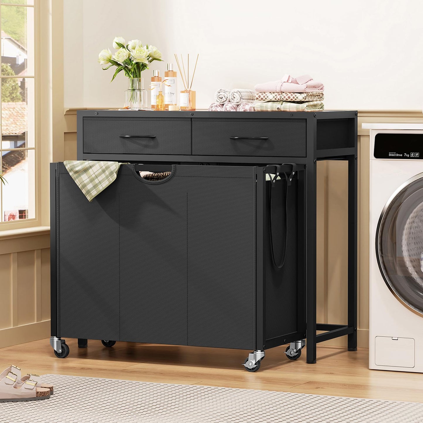 FIONESO Laundry Basket 3 Compartments, 120 L Laundry Hamper with 2 Drawers, Laundry Basket with Wheels & Two-Tone Top Plate, Laundry Trolley for Laundry Room, Bathroom, Entrance Area - 80 x 32 x 76.5