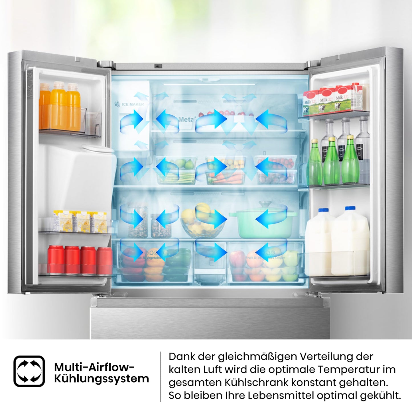 Hisense RF632N4WIE French Door Kühl-Gefrierkombination/ NoFrostPlus/ Inverter-Kompressor/ Wasserspender/ CrispZone/ 200 cm/ Kühlteil 336 l/ Gefrierteil 149 l/ 38 dB/ 295 kWh/ Jahr/ Inox-Look