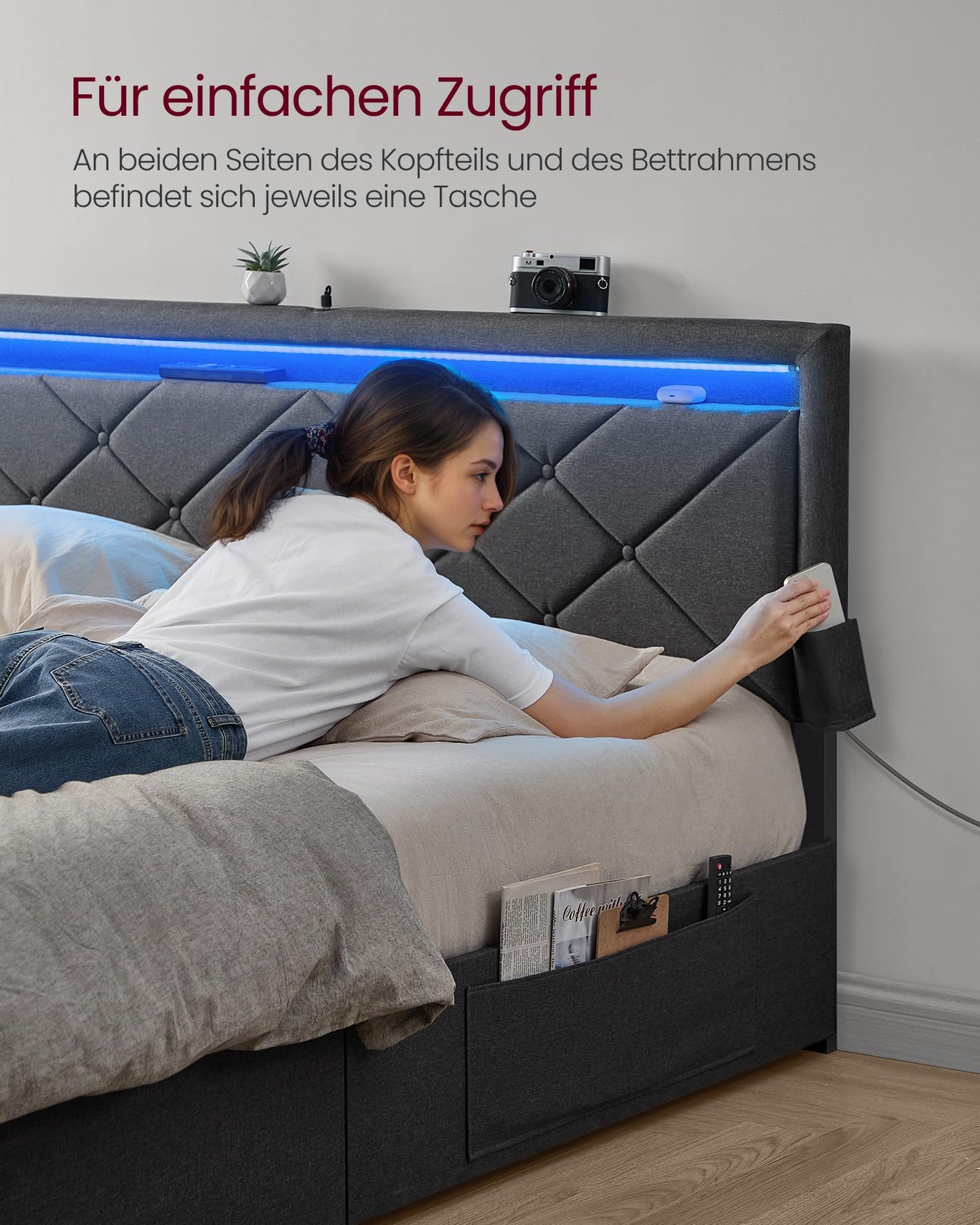 VASAGLE Double Bed Frame - Fits 140 x 200 cm Mattress - LED Metal Bed - 4 Drawers - Charging Station - Adjustable Padded Headboard - Slate Grey RMB827G02