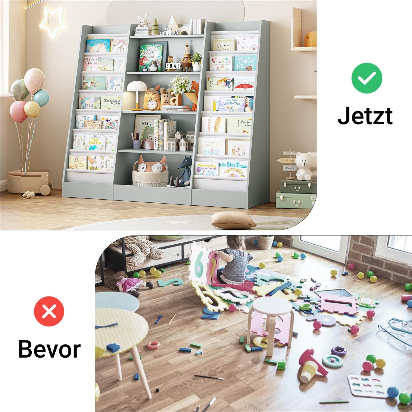 FOREHILL 129 cm Breite Kinderregal, Bücherregal für Kinder mit 14 Ablagen, Kinderzimmer Möbel aus Holz, Spielzeugregal, Regal für Kinderzimmer, Kindergarten, Leseecke, 129 x 120 x 35 cm (weiß)