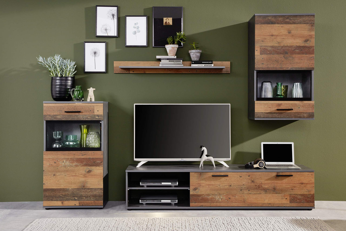 trendteam smart living - Logo - Wall Unit - Brown - Wall Unit with 1 Door, 1 Flap and 6 Open Compartments - (W x H x D) 240 x 185 x 41 cm - Silver Matte Handles