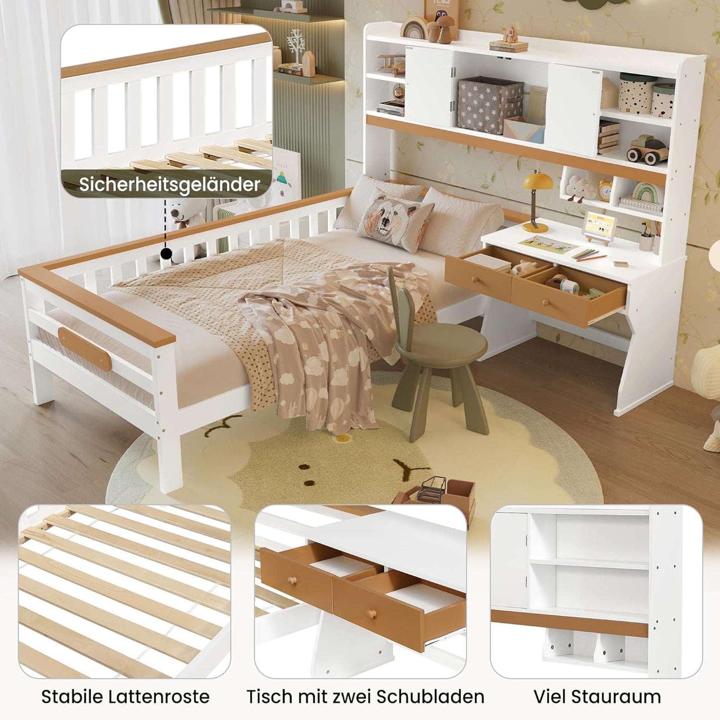 Merax Children's Bed 90 x 200 cm with Fall Protection, Children's House Bed with Drawers and Storage Shelf, Sturdy Wooden Tree House Bed with Slatted Frame, Play Bed for Boys and Girls, White
