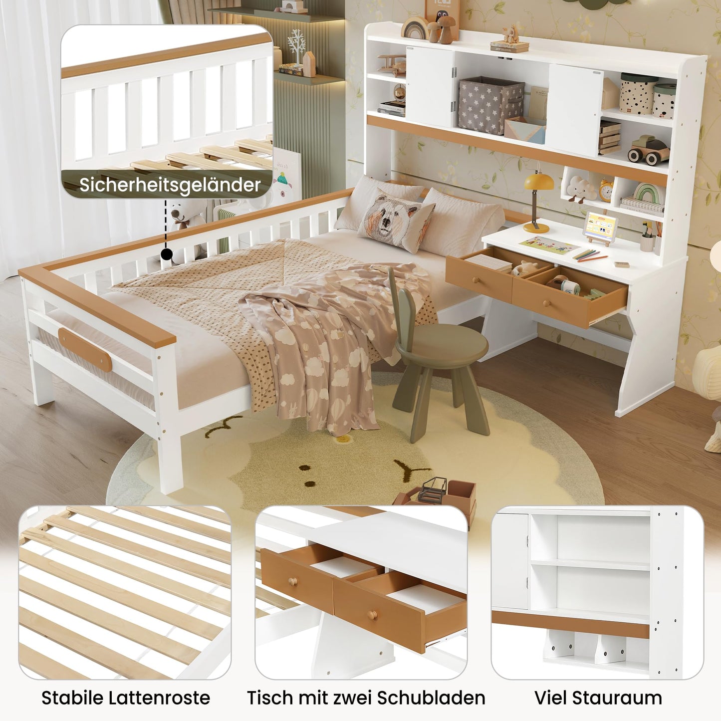 Merax Kinderbett 90x200cm mit Rausfallschutz, Kinder Hausbett mit Schubladen und Ablageregal, Stabiles Holz Baumhausbett mit Lattenrost, Spielbett für Jungen & Mädchen, Weiß