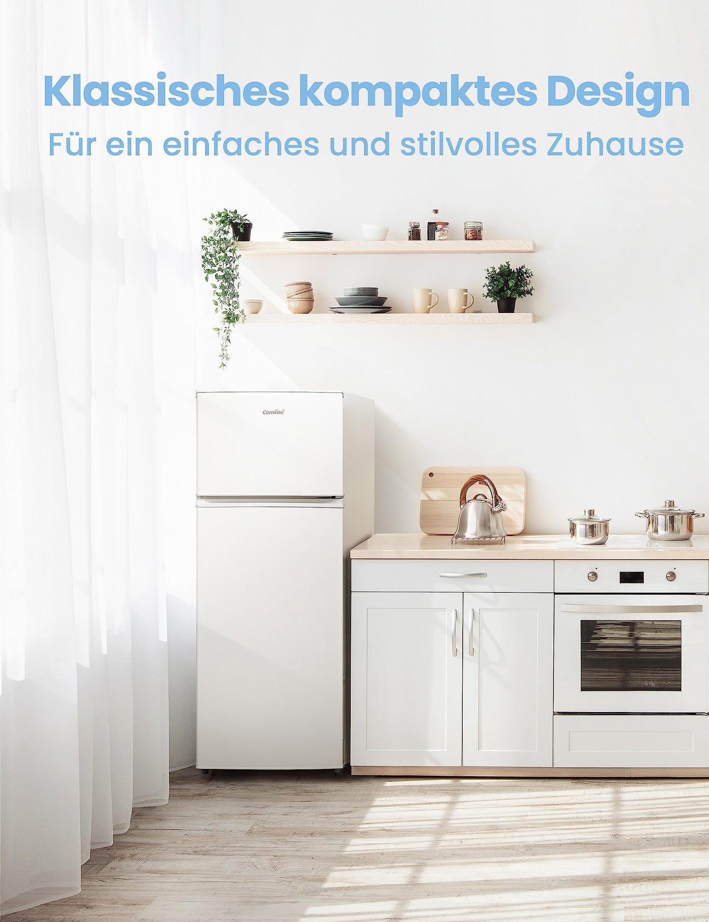 Comfee RCT284DK2A Fridge/Freezer, Top Freezer Compartment, 176 kWh/Year, 143 cm Height, LED Light, Reversible Door Hinge, Black
