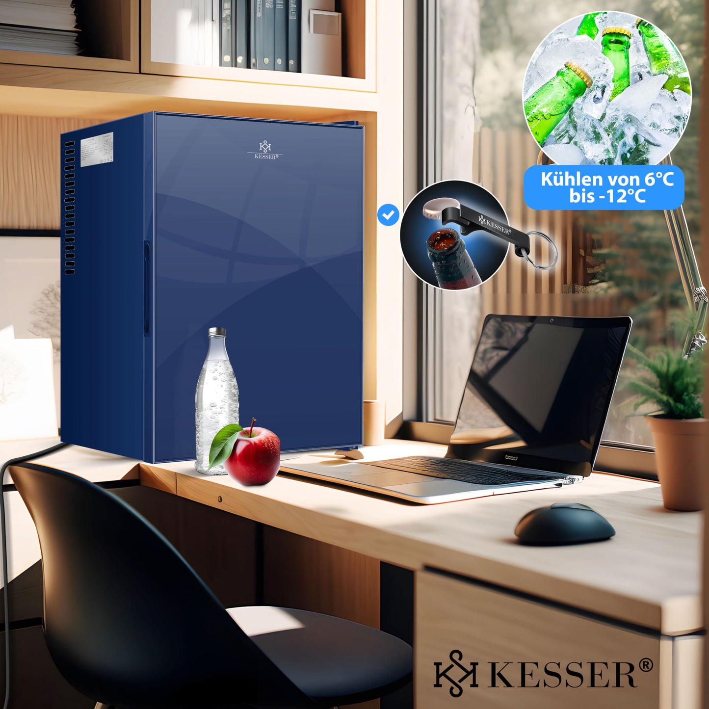 KESSER® Mini Fridge 40 L Lockable Mini Bar Ideal for Camping, Office, Bedroom, Hotel, Kitchen, Small Fridge Completely Silent, Interchangeable Door Hinge, Interior Lighting with Glass Opener