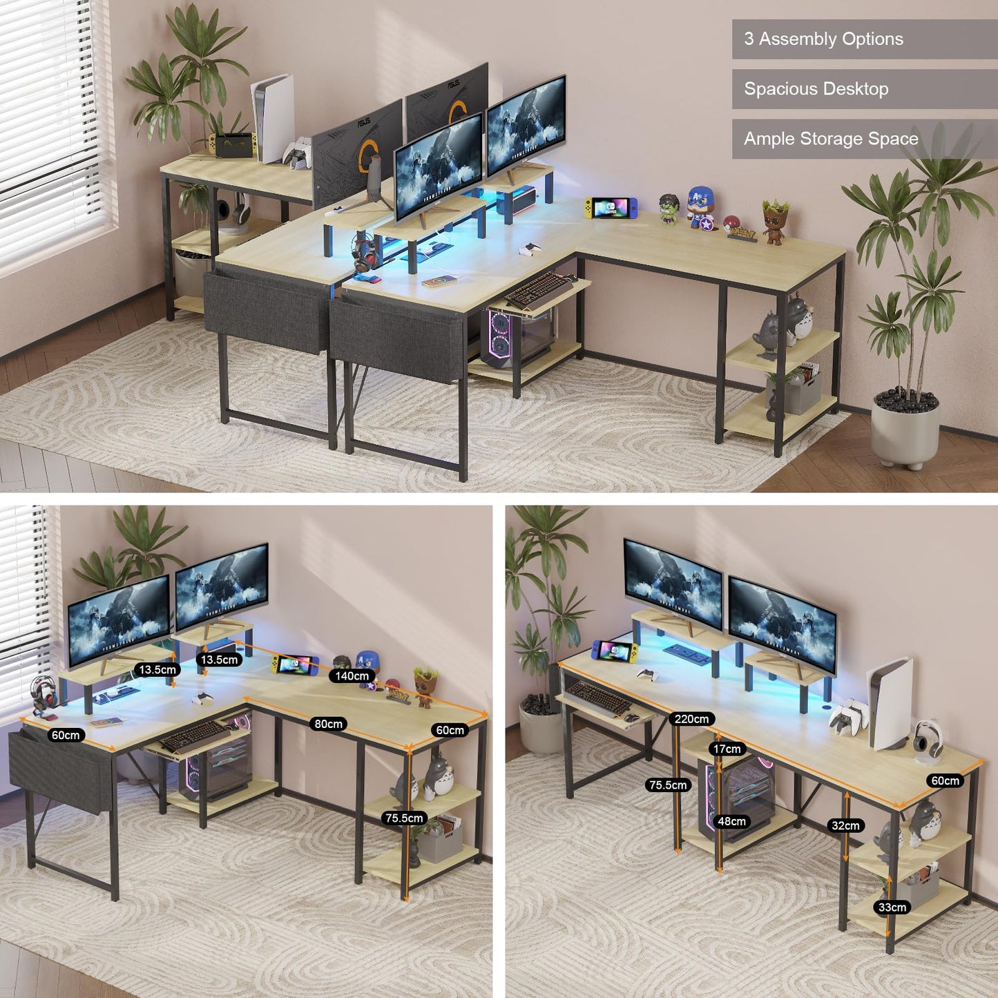 Flamaker Gaming Tisch l Form 140x140 cm - Eckschreibtisch mit RGB LED, Monitorständer & Ablagefach | 2 Steckdosen + 2 USB-Anschlüsse (Weiß)