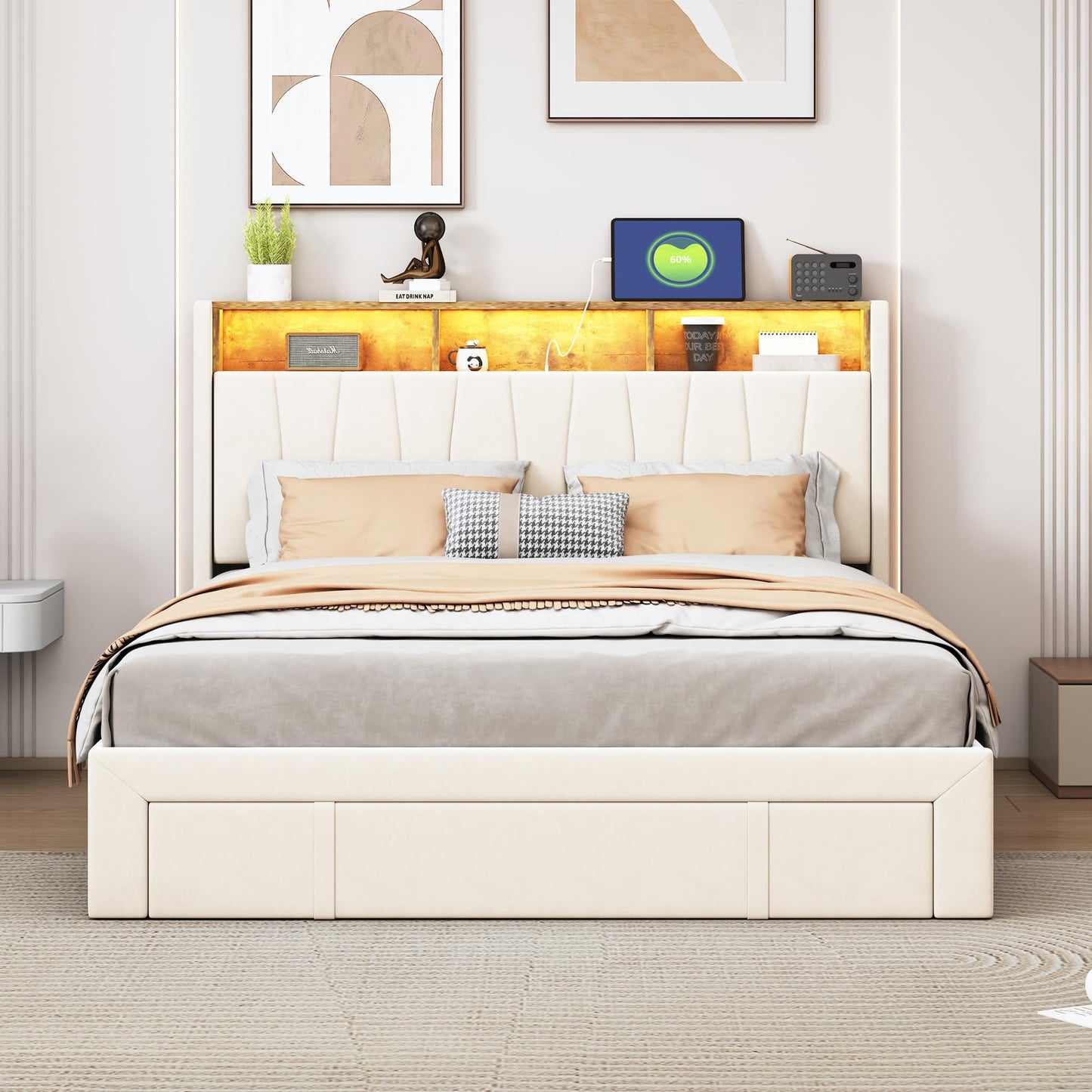 WOBOPCG Upholstered Double Bed 140 x 200, Hydraulic Storage Bed with Slatted Bases, Double Bed with Storage Space, Functional Bed with Storage Space (Grey + Flannel, 140 x 200)