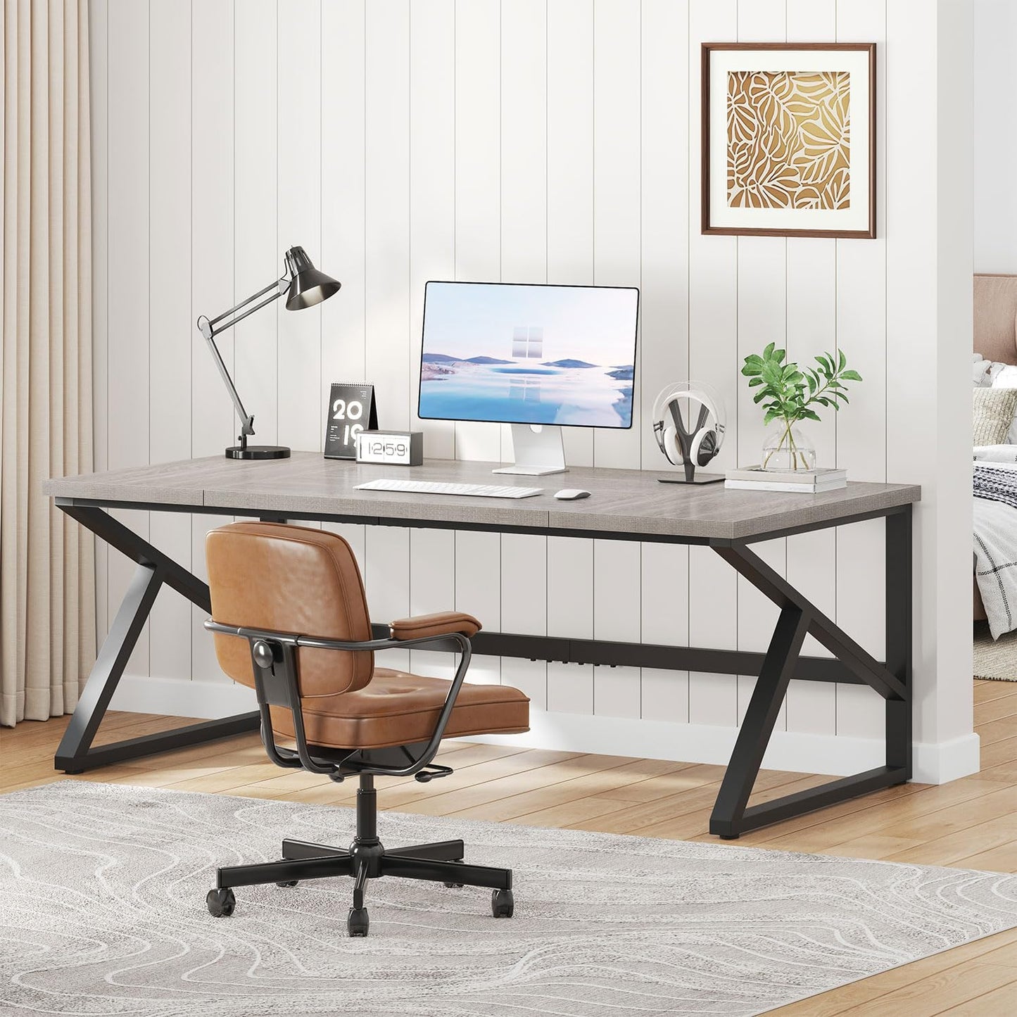 IBF Desk in Brown Colour with a Length of 70 Inches, Industrial Large Double Metal and Wood Desk for Computer, Long Office Table for Home