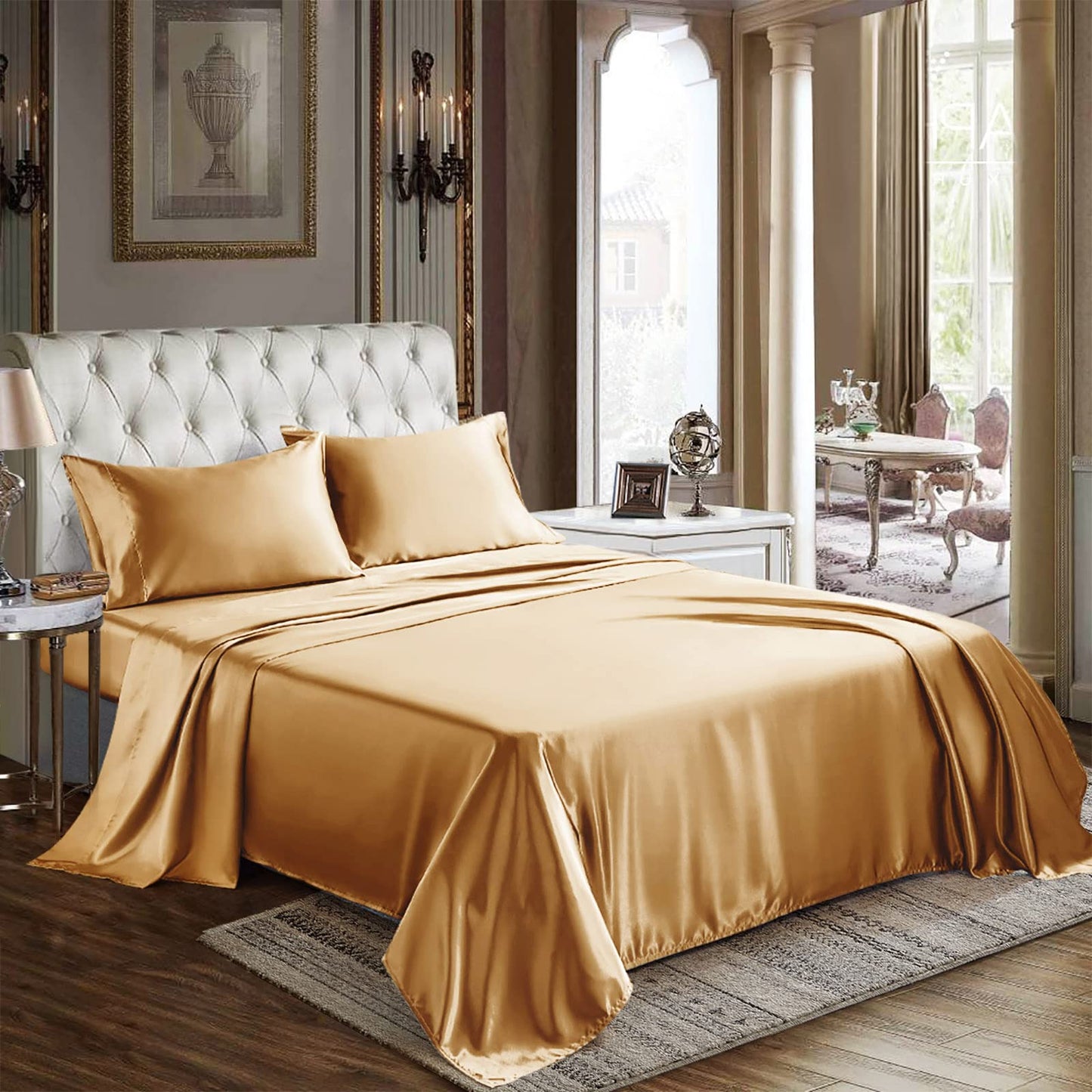 CozyLux Satin Sheets Queen Size - 4 Piece Black Bed Sheet Set with Silky Microfiber, 1 Deep Pocket Fitted Sheet, 1 Flat Sheet, and 2 Pillowcases - Smooth and Soft