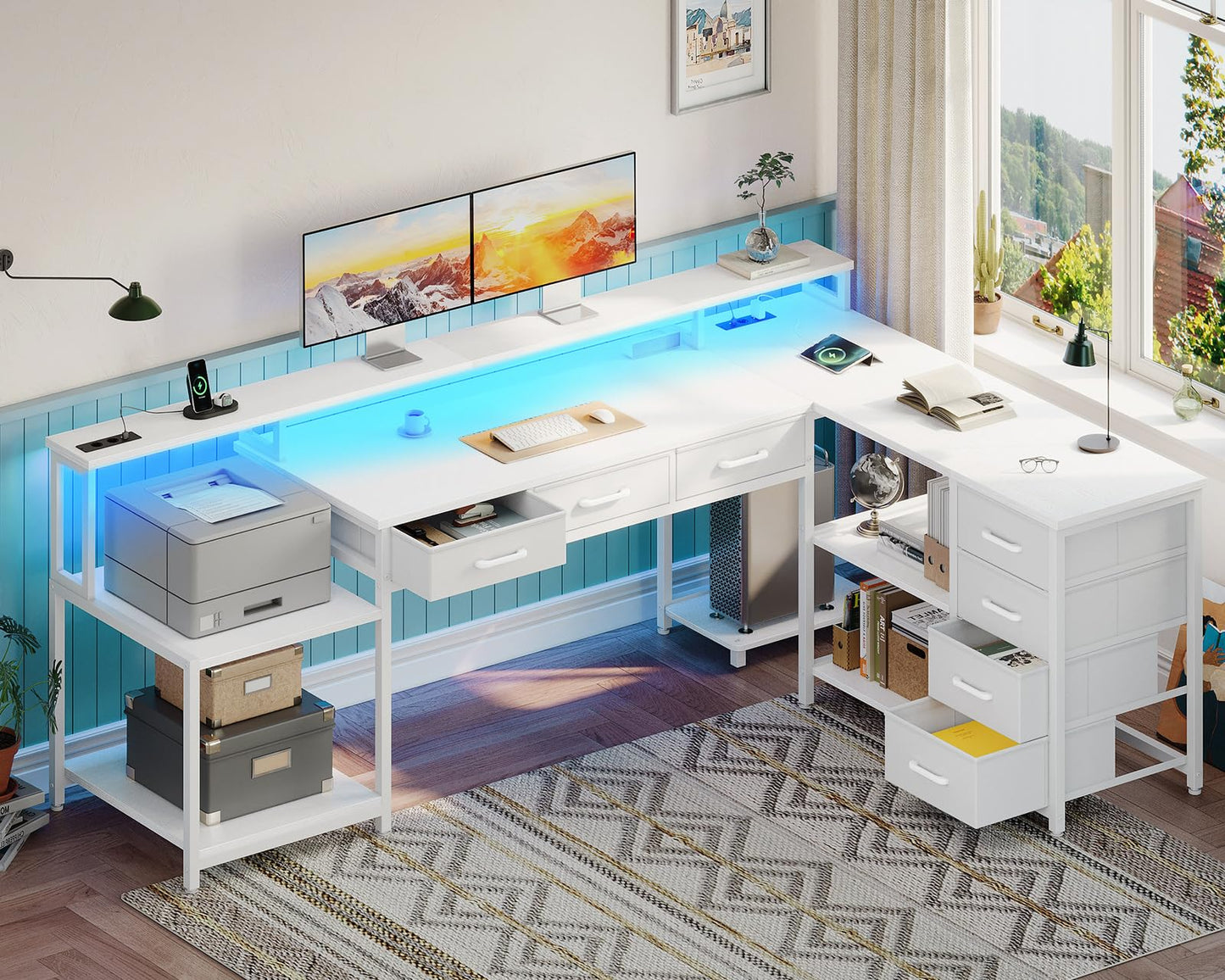 Coleshome Gaming Tisch mit 7 Schubladen & Großzügigem Stauraum, Eckschreibtisch mit RGB LED, Reversibler Schreibtisch L Form mit 2 Steckdosen, Ideal für Büro & Gaming, 179.5×135.5cm, Weiß