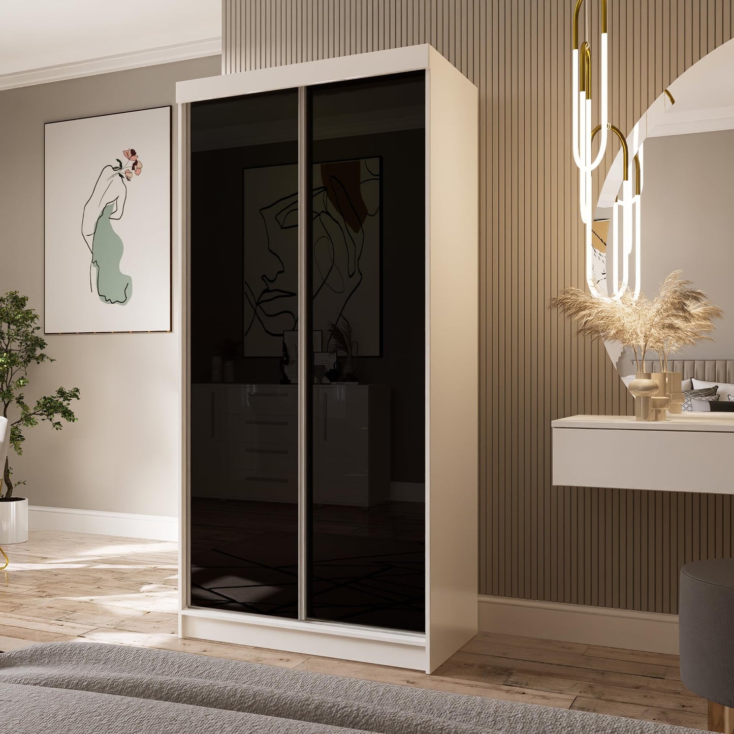 Marlux-Meble Two-Door Wardrobe 230 cm Wide with Floating and Sliding Doors Corner Wardrobe Bedroom Cabinet Hallway Cabinet System Cabinet High Gloss Cabinet