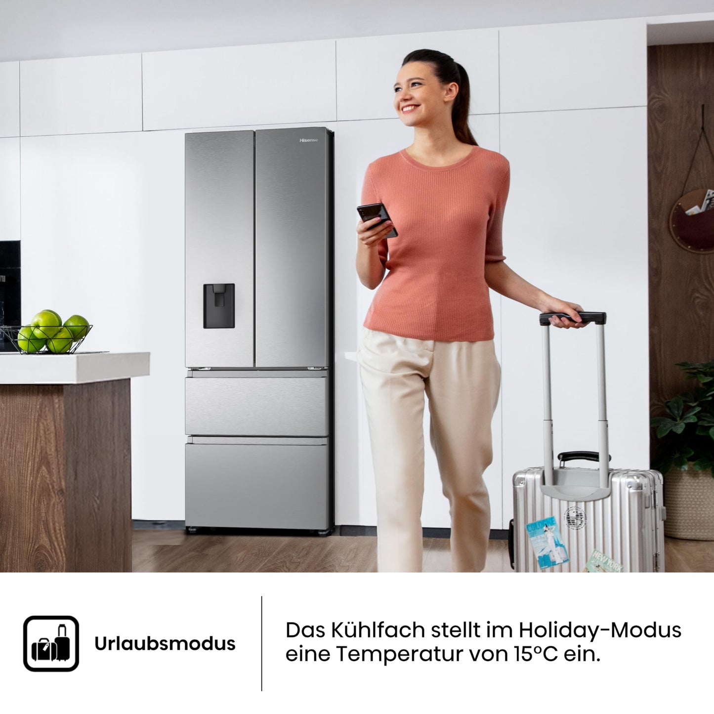 Hisense RF632N4WIE French Door Kühl-Gefrierkombination/ NoFrostPlus/ Inverter-Kompressor/ Wasserspender/ CrispZone/ 200 cm/ Kühlteil 336 l/ Gefrierteil 149 l/ 38 dB/ 295 kWh/ Jahr/ Inox-Look
