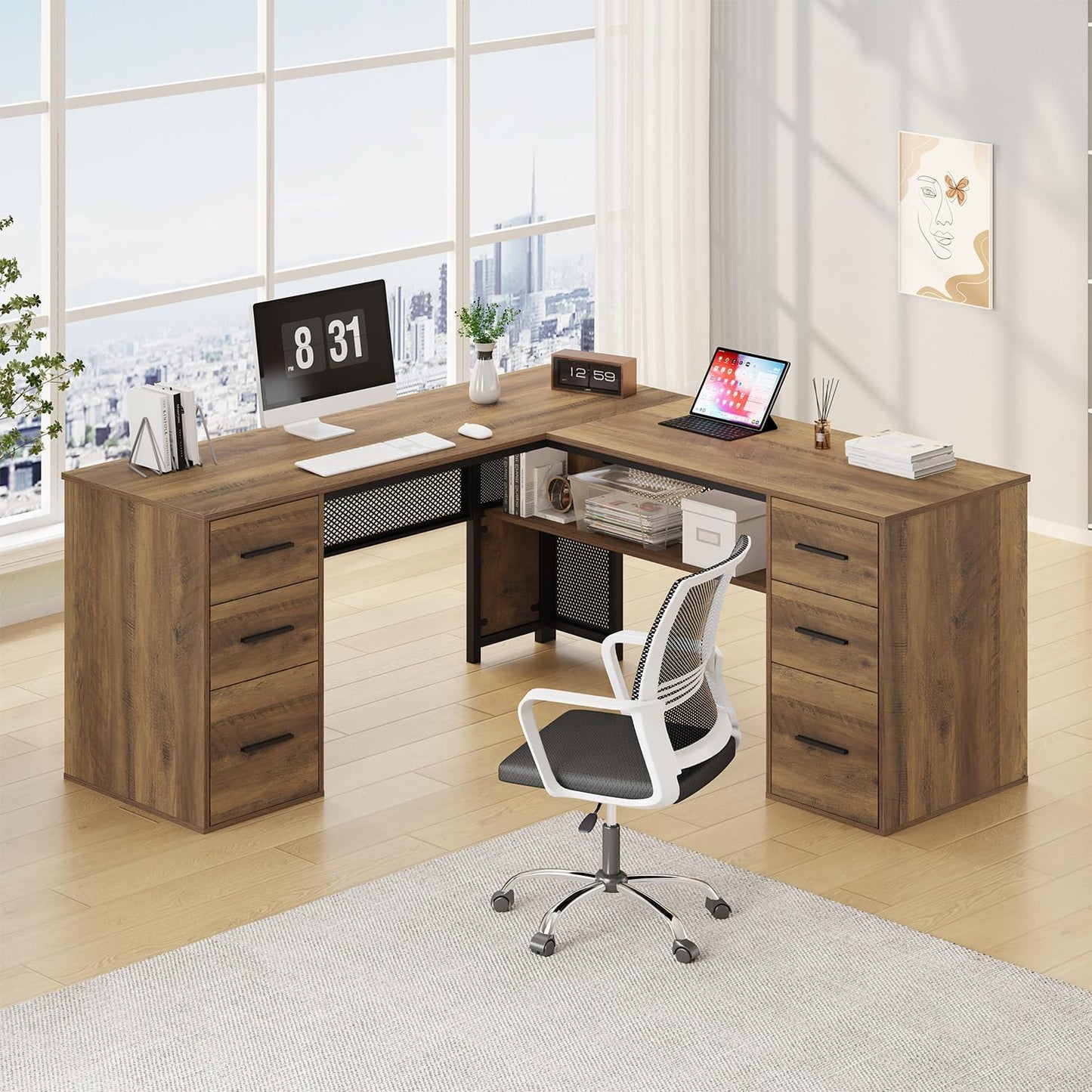HSH - Black L Shape Corner Desk with Filing Drawers and Shelves, Reversible Corner Desk Made of Metal and Wood with Storage Cabinets