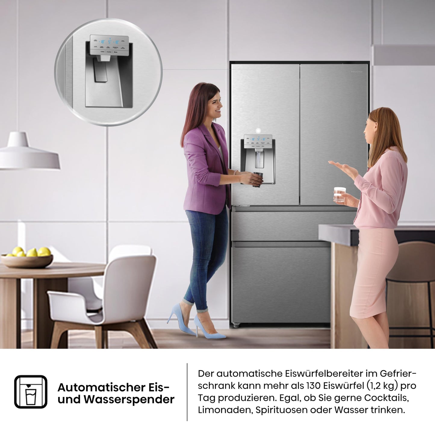 Hisense RF632N4WIE French Door Kühl-Gefrierkombination/ NoFrostPlus/ Inverter-Kompressor/ Wasserspender/ CrispZone/ 200 cm/ Kühlteil 336 l/ Gefrierteil 149 l/ 38 dB/ 295 kWh/ Jahr/ Inox-Look